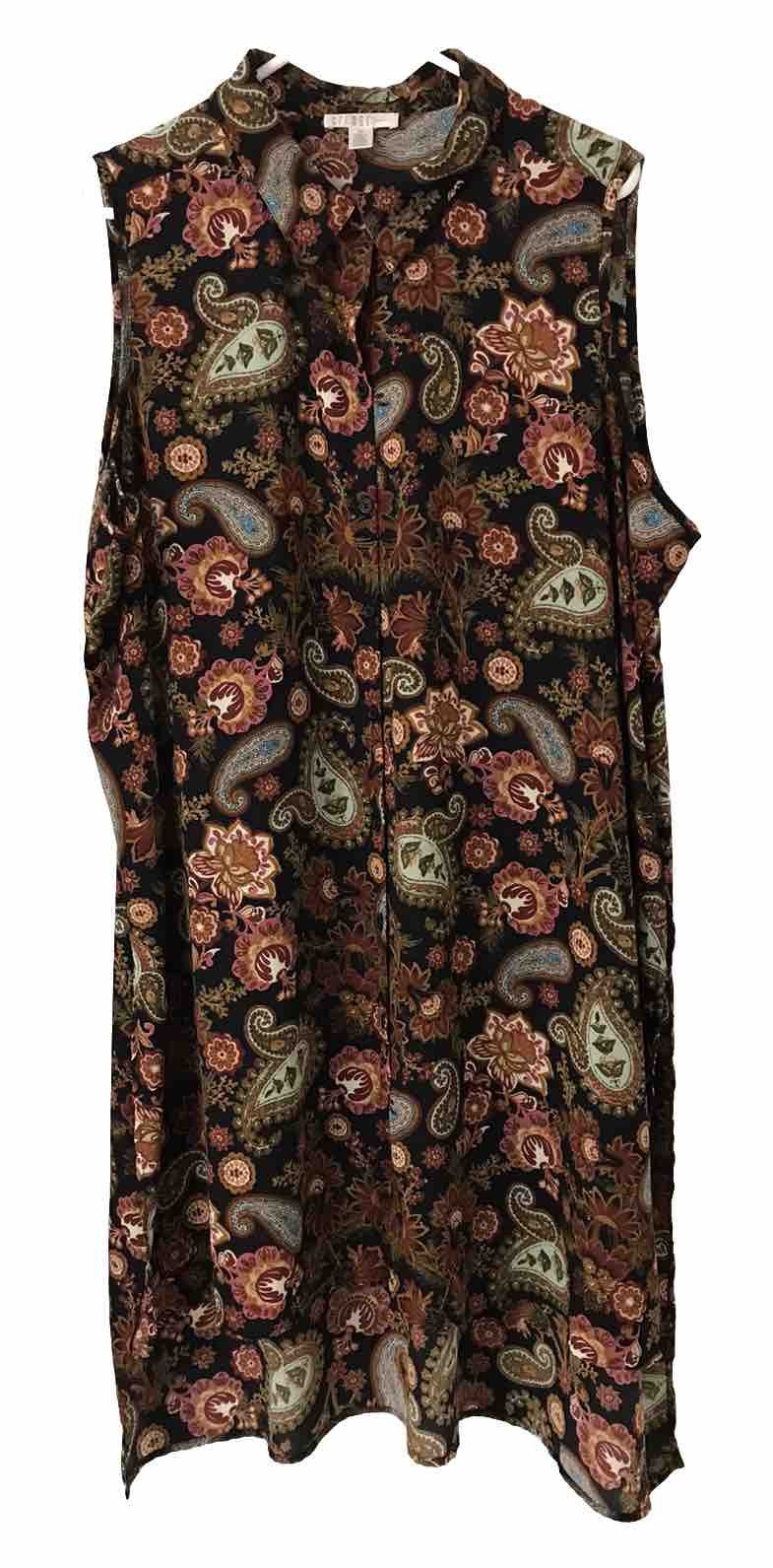 Spense Women 2X Sheer Paisley Tunic Top Brown Orange Button Flowing Long Elegant