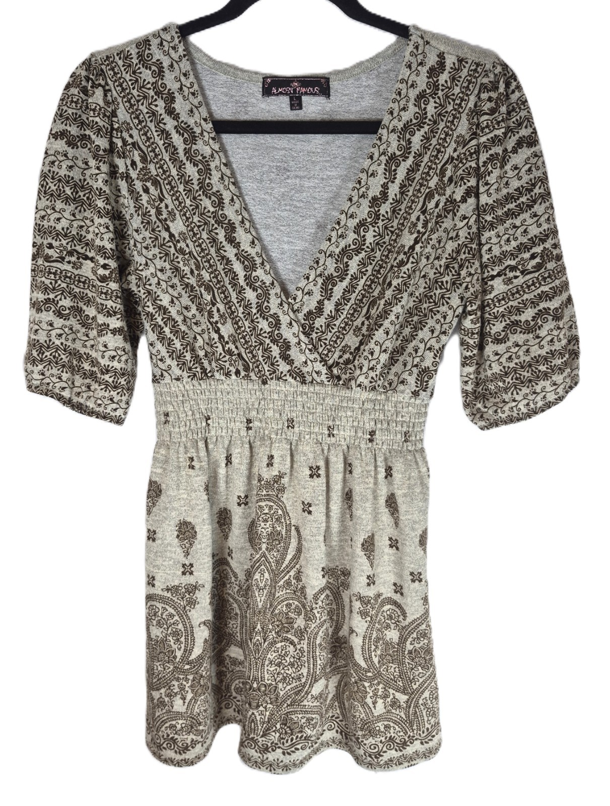 Almost Famous Wmn’s Sz L Pullover-Surplice Neck-Smocked Elastic Waist-3/4 Sleeve