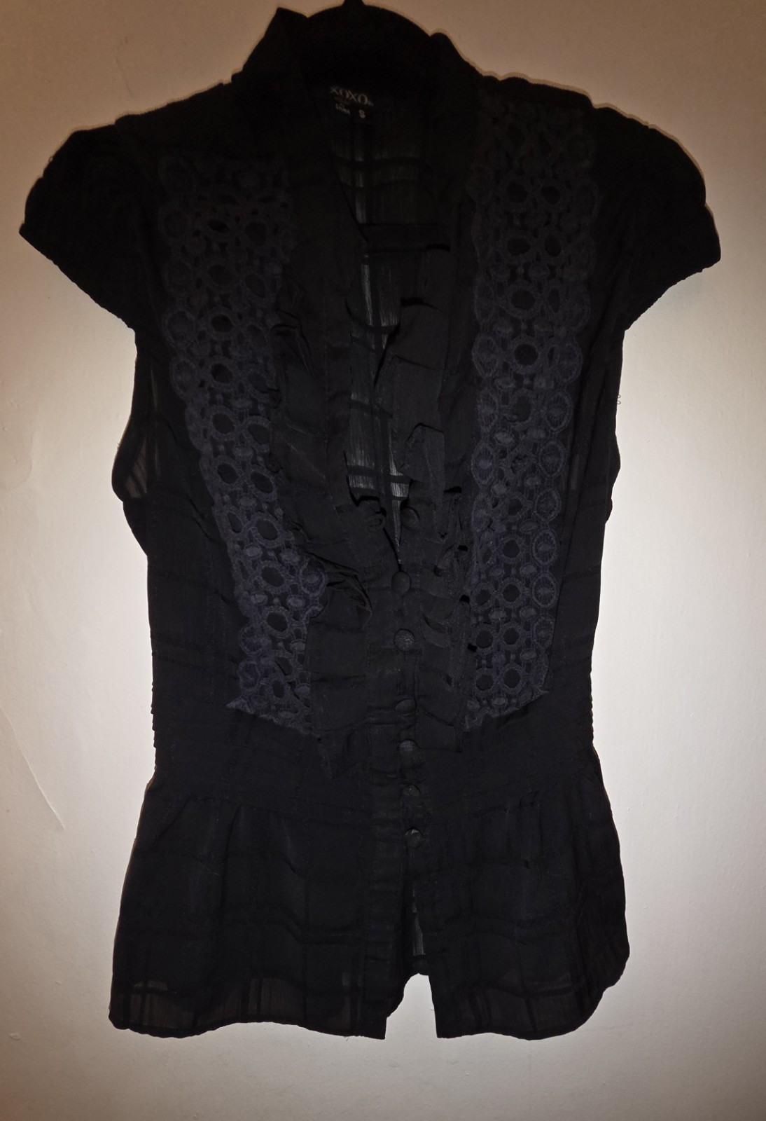 XOXO Black Lace Sheer Button Front Ruffle V-Neck Short Sleeve Blouse S Women