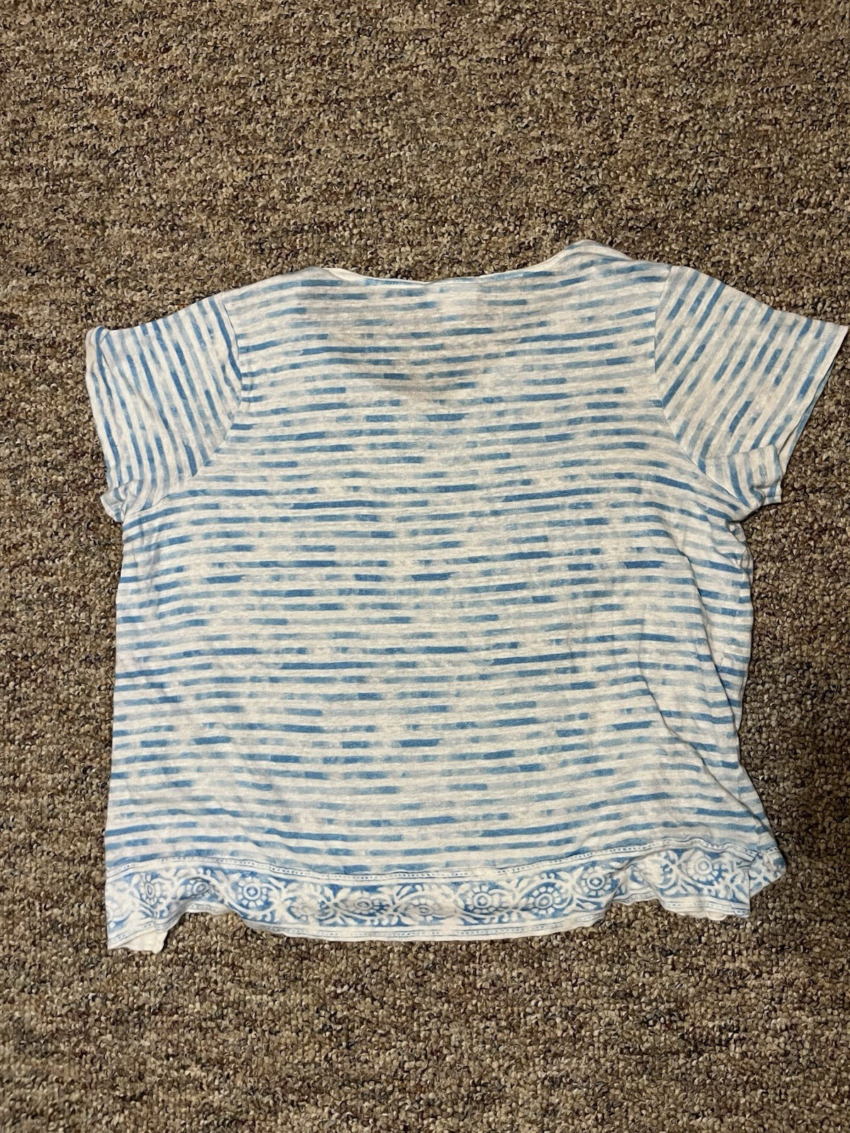 J Jill 100% Linen Top 1X Blue White Striped V Neck Short Sleeve Border