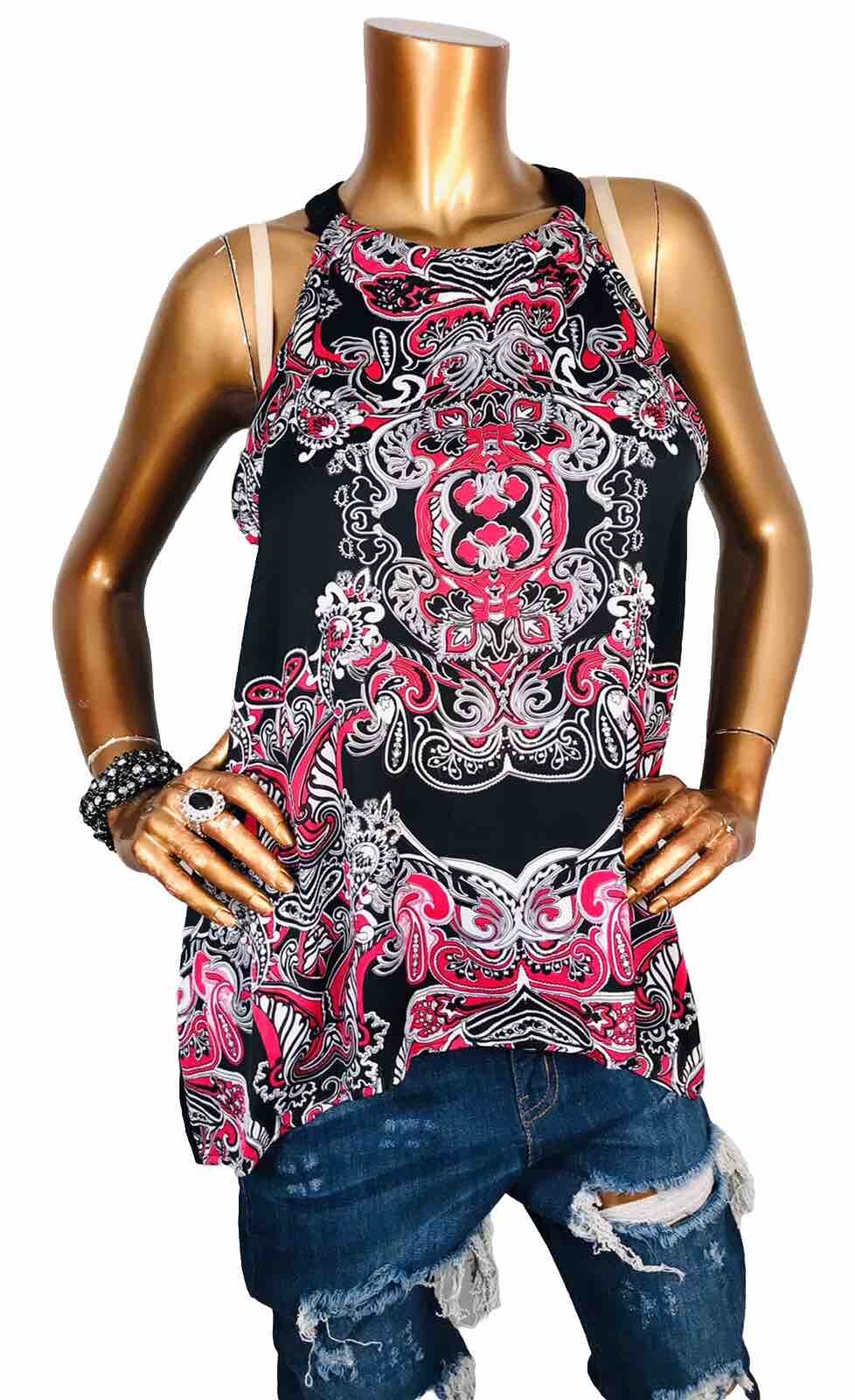 Nicole Miller L Top NWT Lite Wgt Sleeveless Paisley Blouse Pink Black White Soft