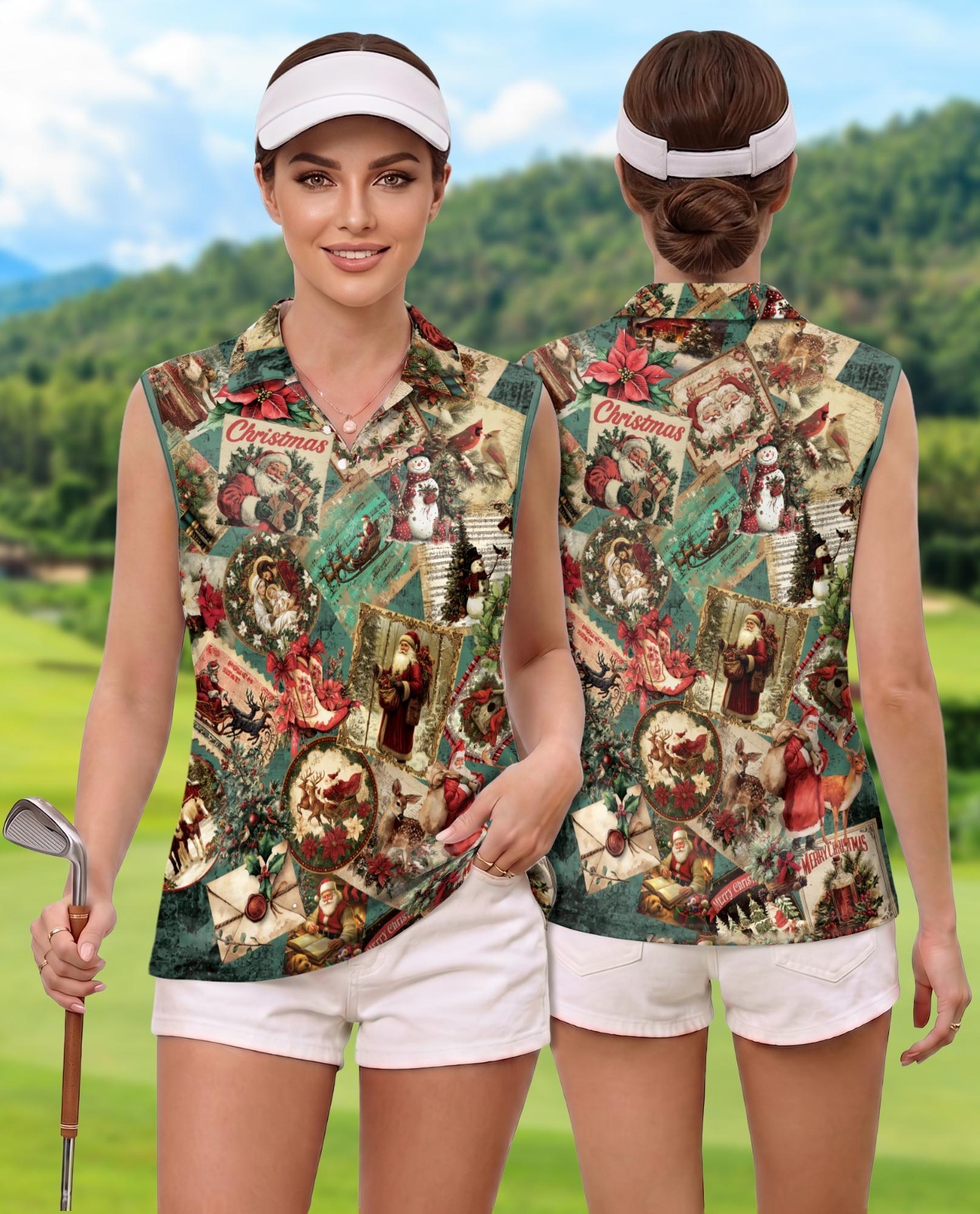 Vintage Christmas Santa Women’s Sleeveless Performance Polo Shirt for Golf