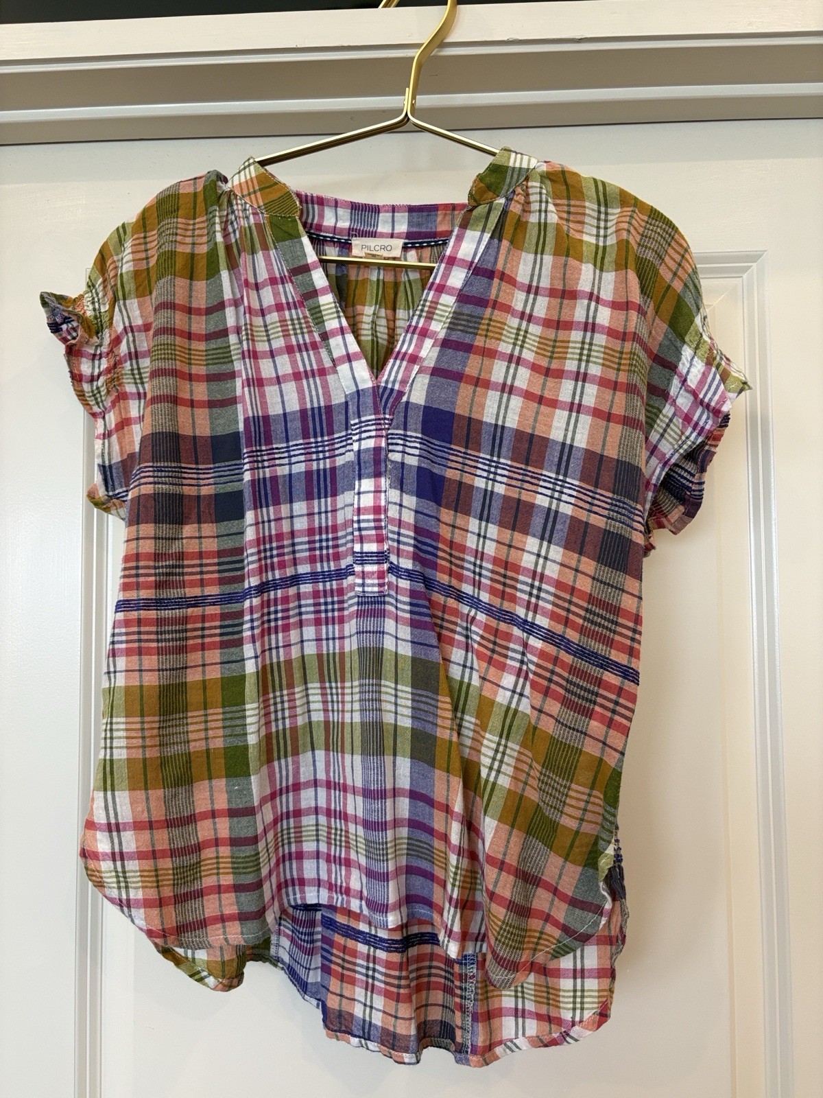 Pilcro Women’s Multicolor Plaid V-Neck Pullover Cap Sleeve Blouse Top