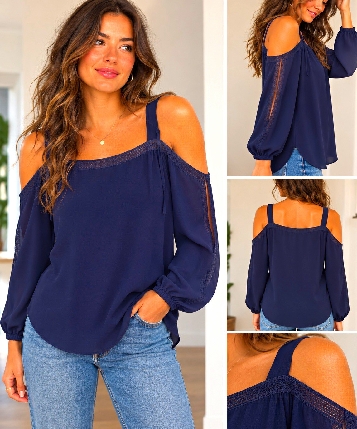🌹 Elie Tahari Lindy Cold Shoulder Blouse | Navy | Lace Trim | Statement Sleeves