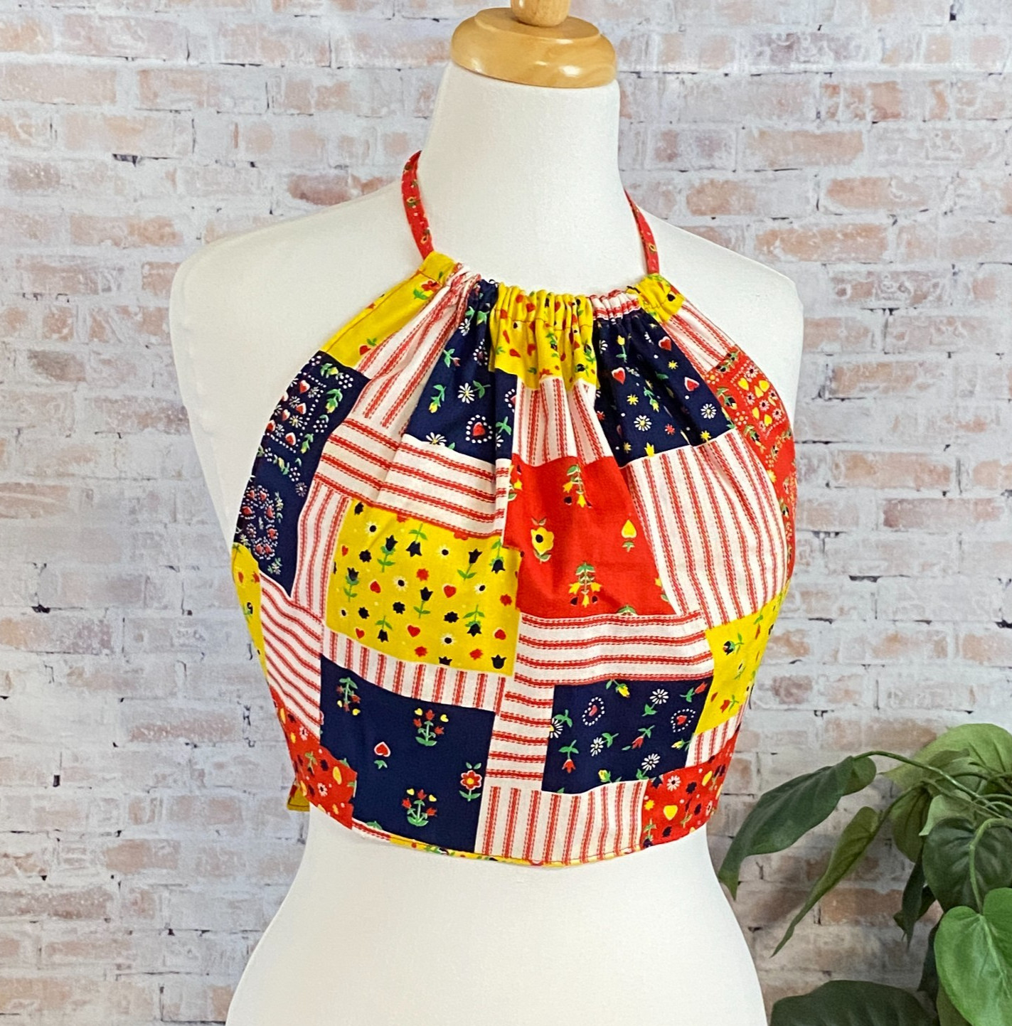 Reversible 1970s Retro Floral Block Halter Top Size Medium OOAK