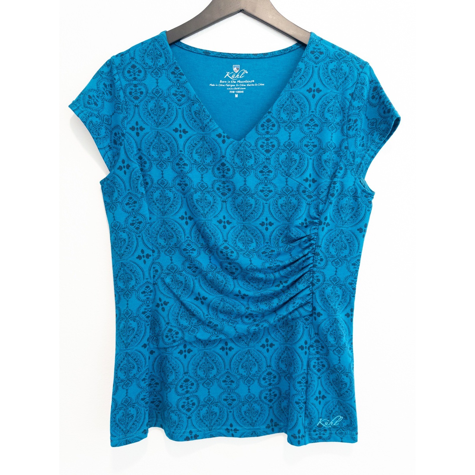 Kuhl V-Neck Ruched Top Women M Damask Gorpcore Boho Activewear Travel Hiking