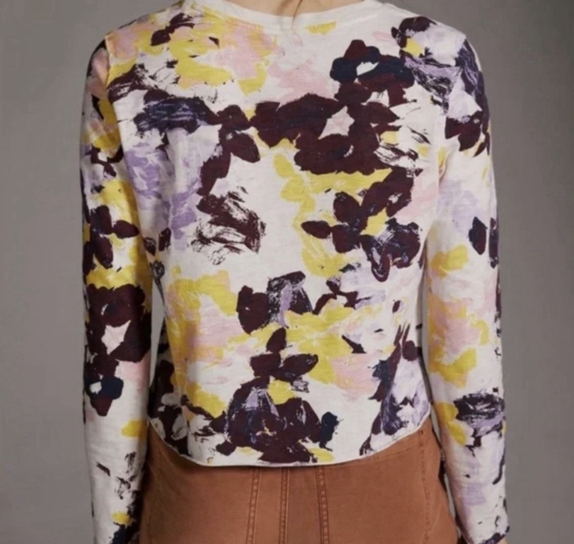 Anthropologie Cotton Cropped Shirt, Purple Pink Yellow Top Soft All Seasons, M