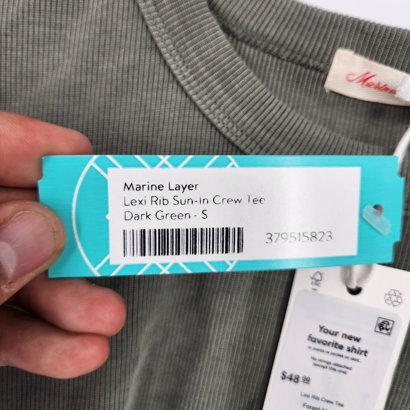 Marine Layer Dark Green Small Lexi Rib Sun In Crew Tee NWT