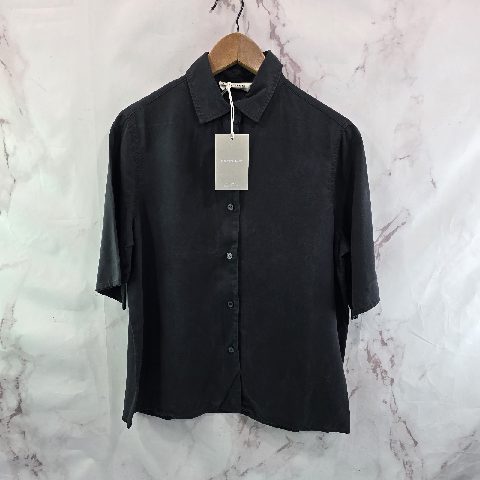 Everlane Shirt Womens Small Drapey Square Black Boxy Button Short Tencel Lyocell