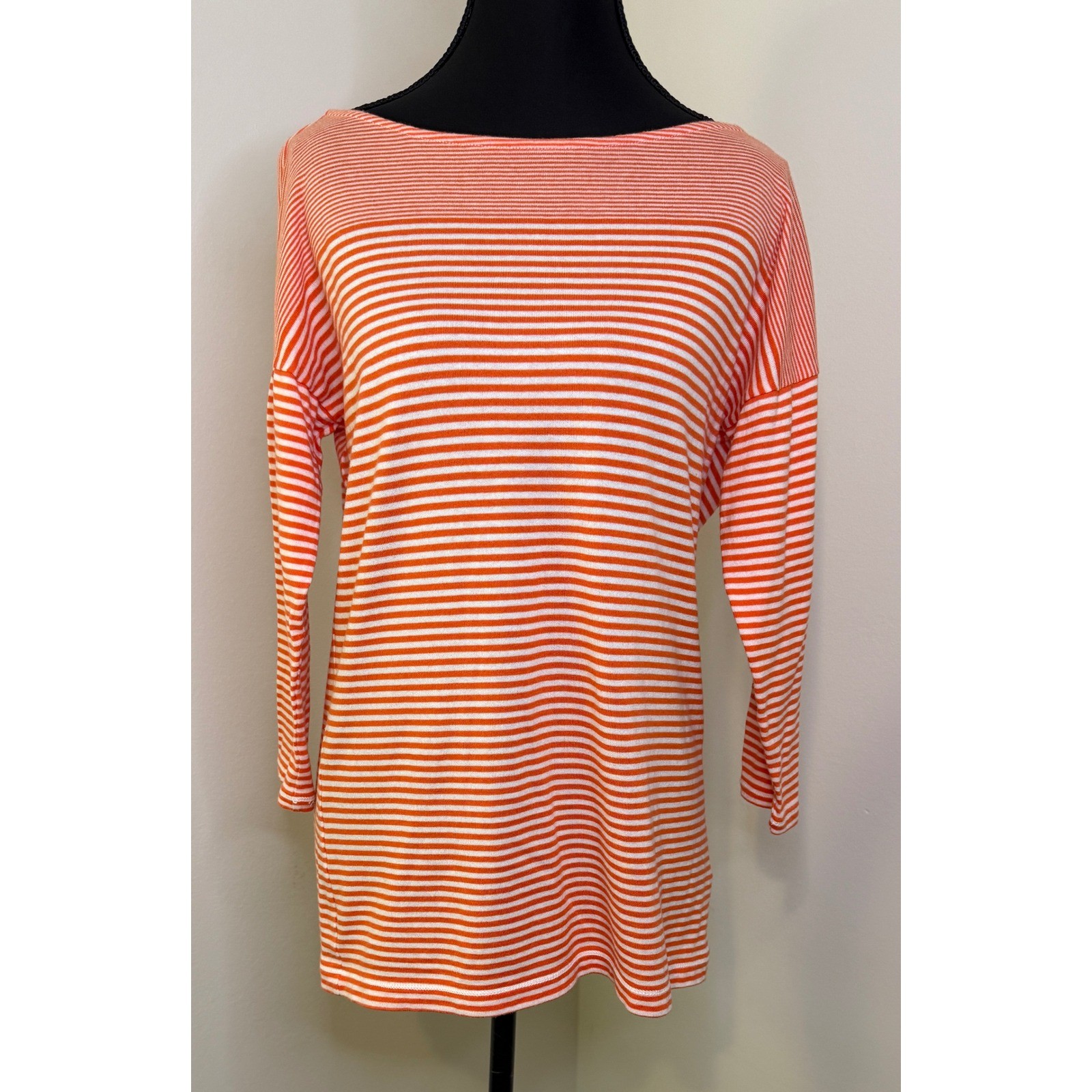 Lauren Jeans Co Ralph Lauren Orange White Striped Boat Neck Cotton Top Medium