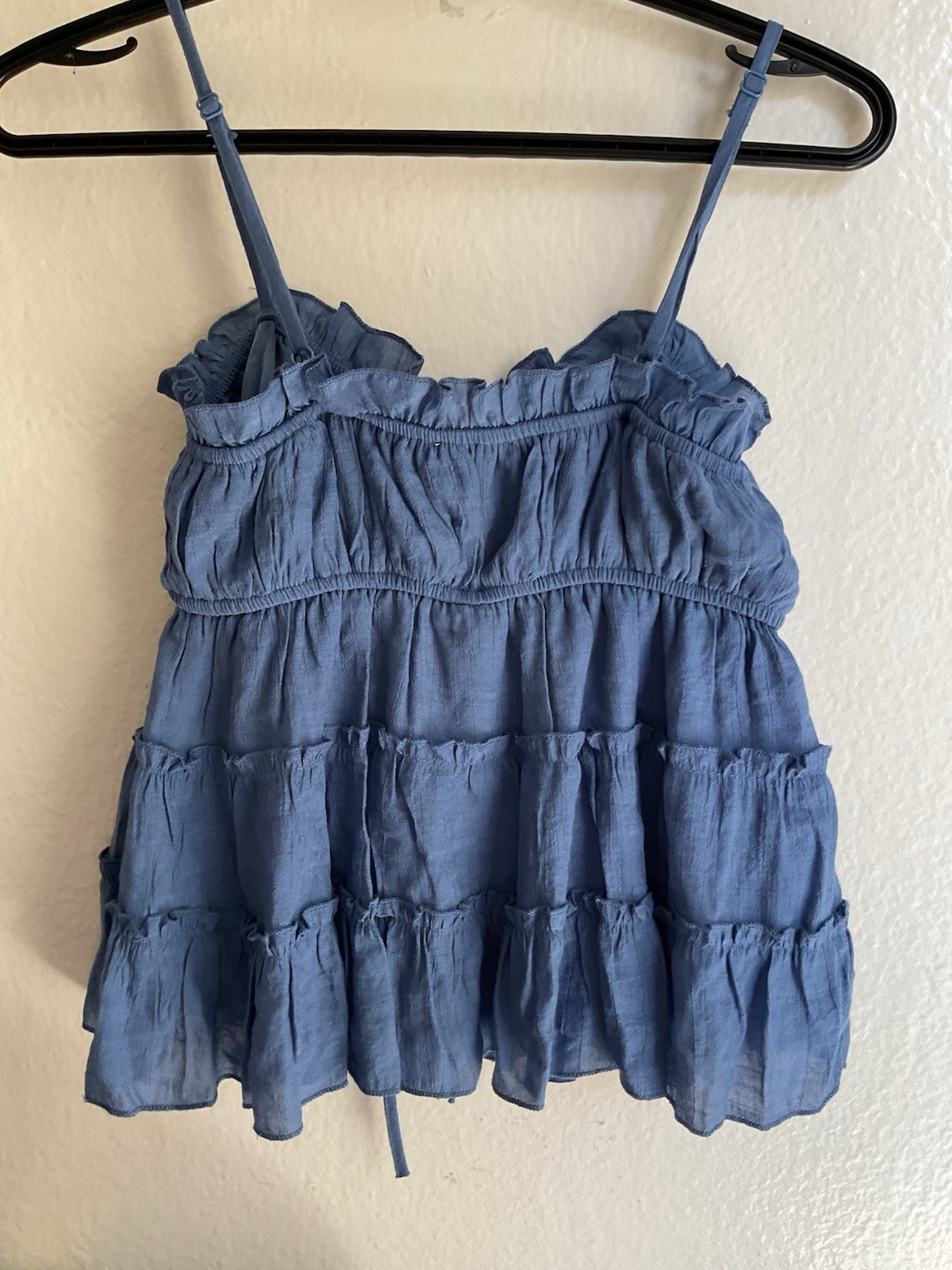Thirty Thirty LA Blue Solid Square Neck Ruffle Tie Camisole Tank, Adjustable, S