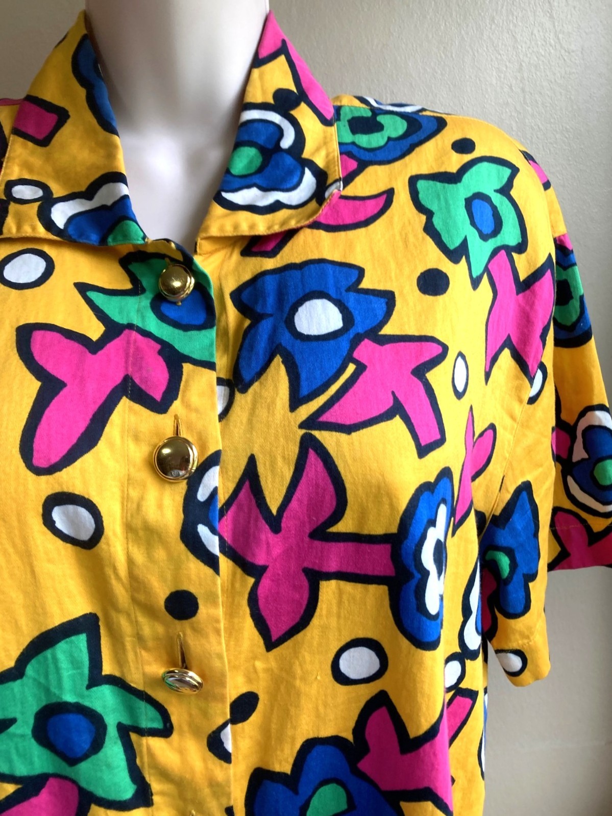 Escada Vintage 80s Shirt 38 M Yellow SS Cotton Button Up Haring Inspired Art Hoe