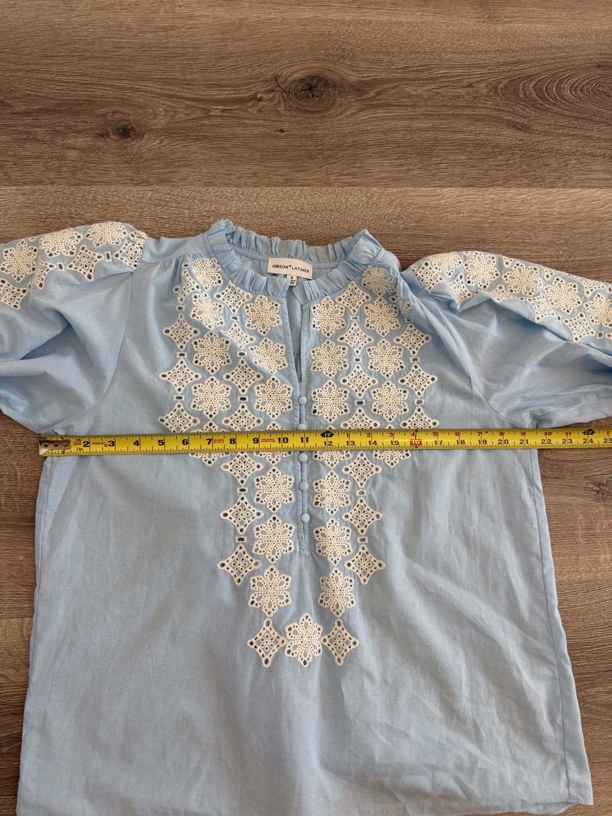 Gibson & Latimer Blue Eyelet Embroidered Cotton Boho Peasant Blouse Women’s M