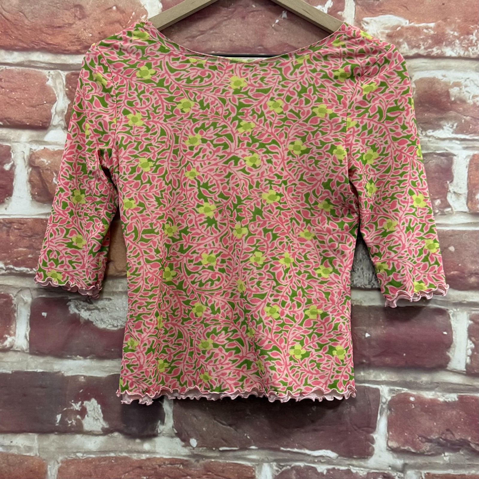Sigrid Olsen Top Womens Petite Small Pink Floral Nylon Lined Pullover 3/4 Sleeve