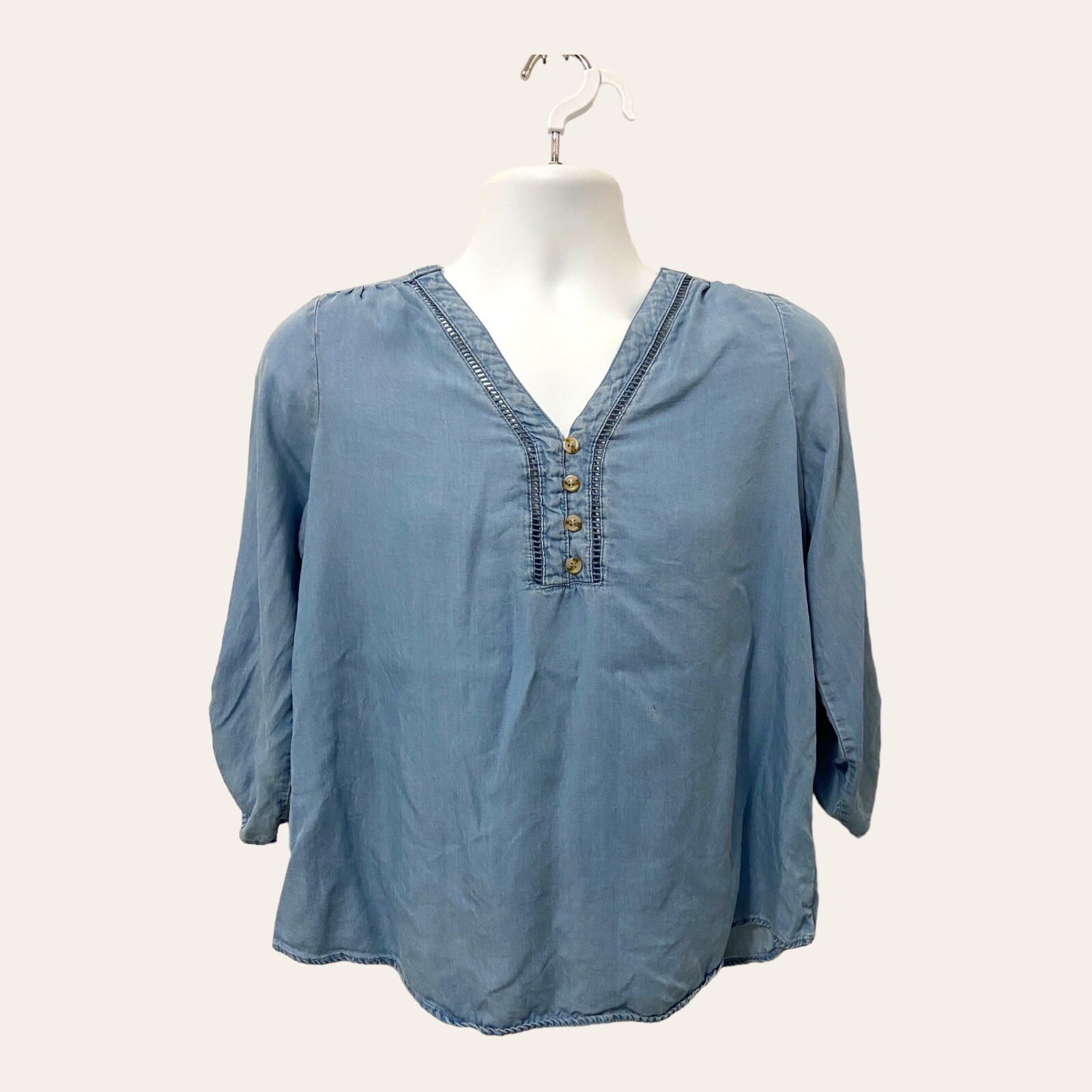 Sweet Wanderer Womens Blue Chambray V-neck Popover Tunic Sz L Boho Hippie Retro