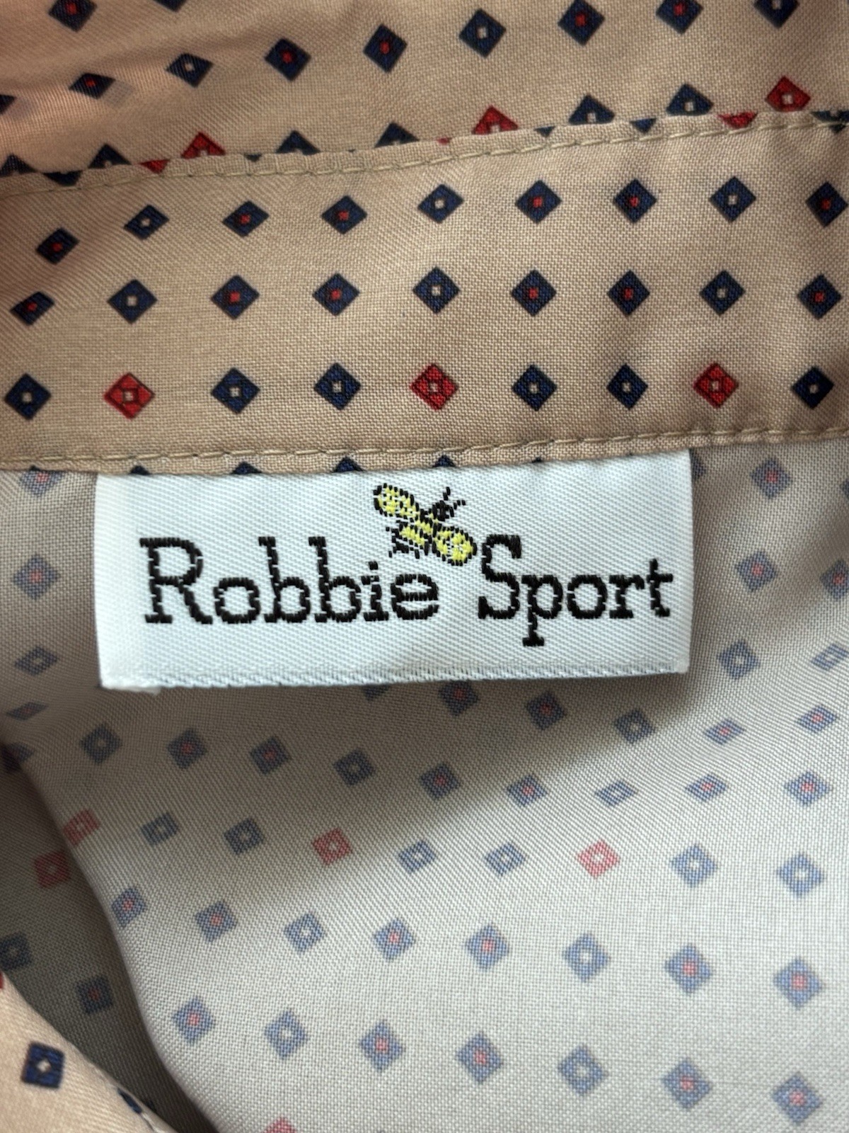 Vintage Robbie Sport Blouse Women Large Tan Blue Red Removable Neck Bow