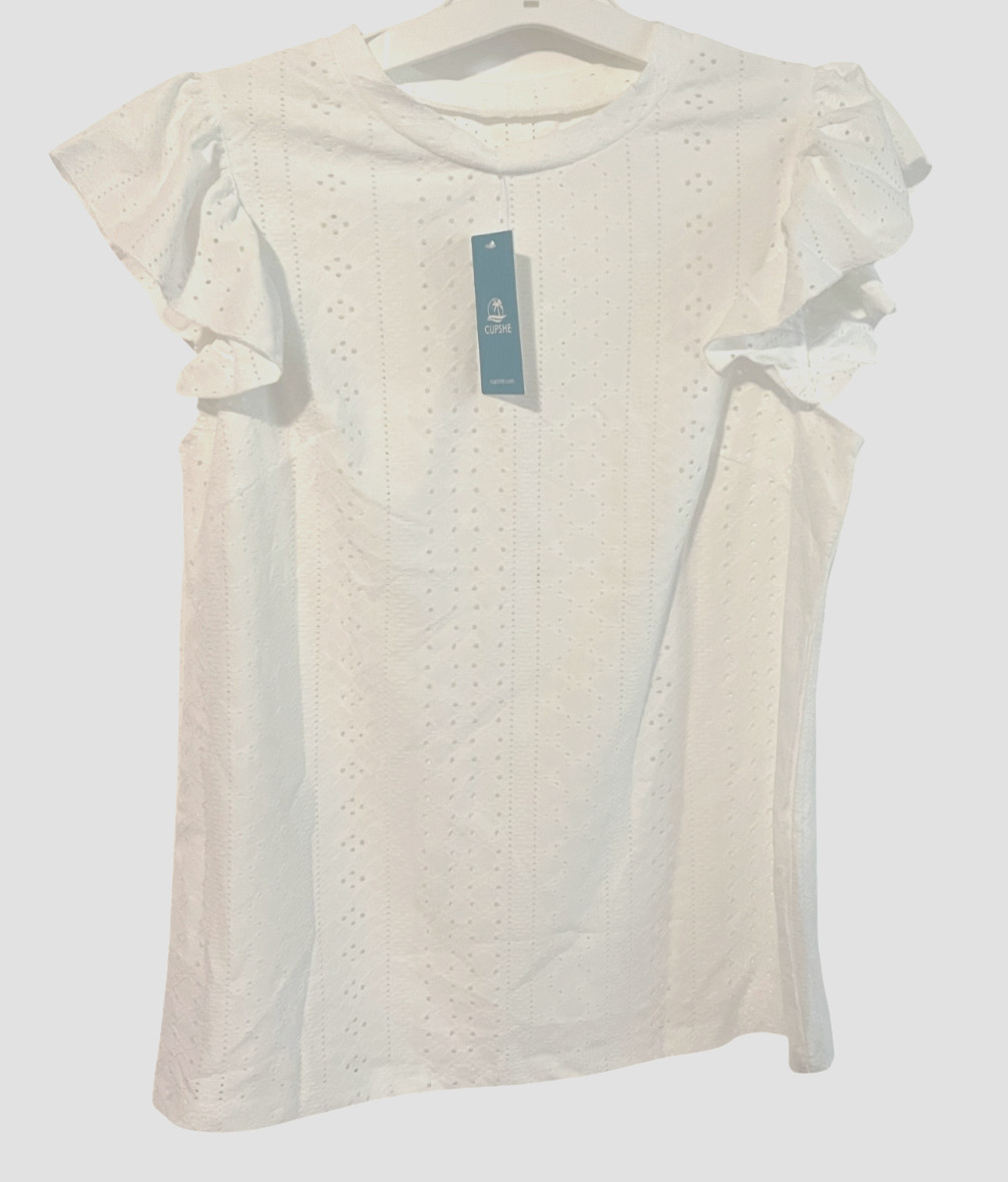 CUPSHE Women’s Size Small White Eyelet Top w Flutter Sleeves NEW