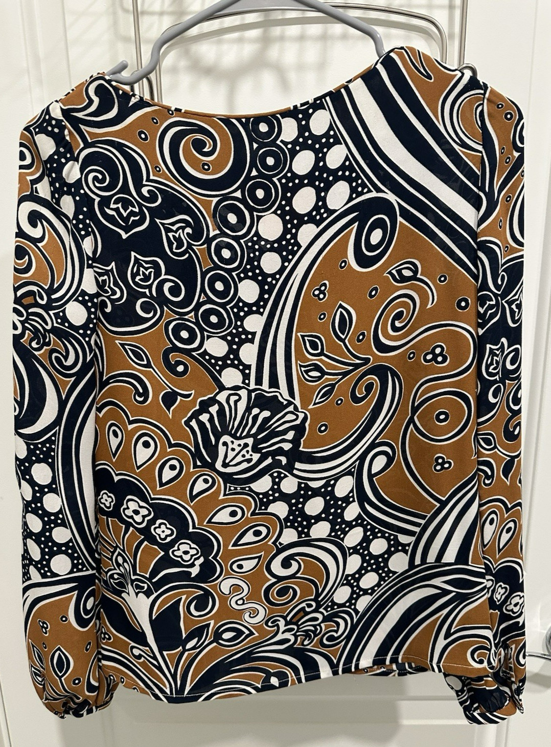 Tory Burch 100% Silk Blouse Sz 0 Funky Swirl print Blue/Brown Designer Dry Clean