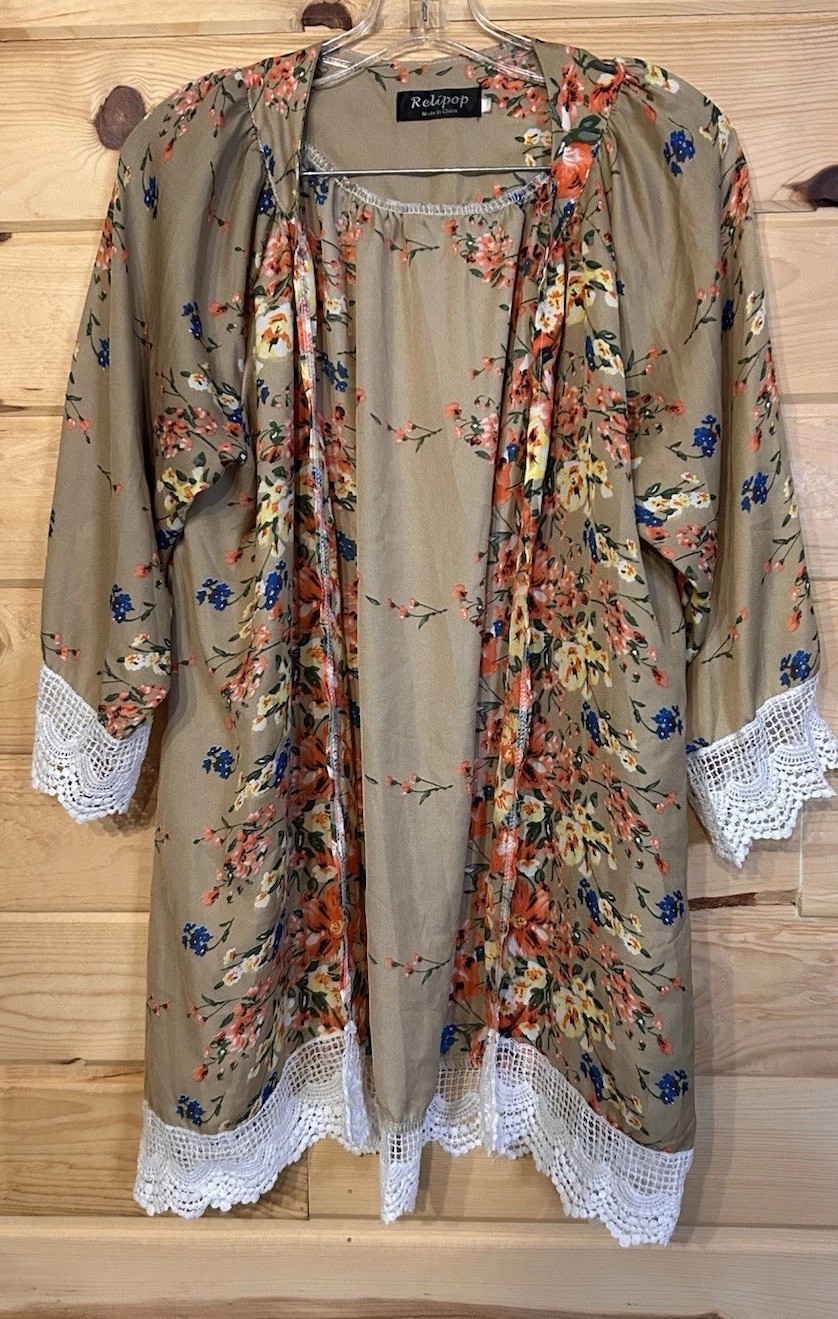 Boho Floral Kimono Cardigan Womens M/L Lace Trim Open Front Duster Festival