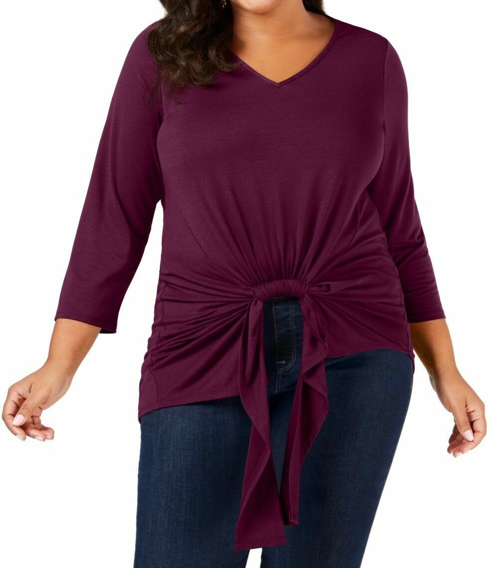 NY Collection Womens Plus 3X Merlot 3/4 Sleeve Tie Asymmetrical Tunic NWT AJ80