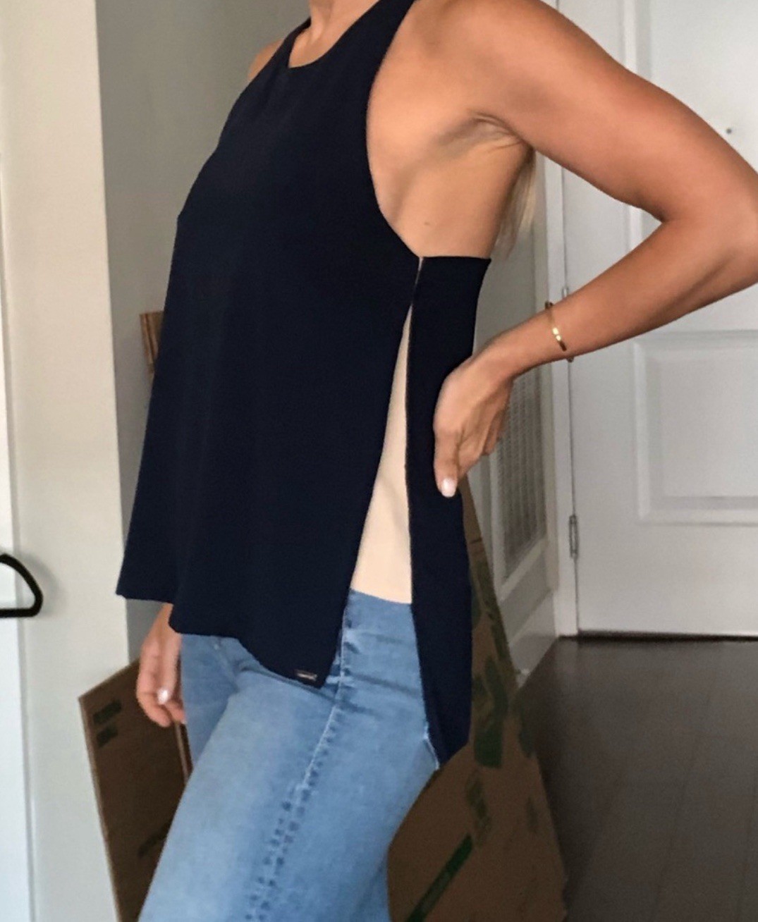 Line & Dot Navy with Cream Side Drape Halter Top Poly Overlay Size XS