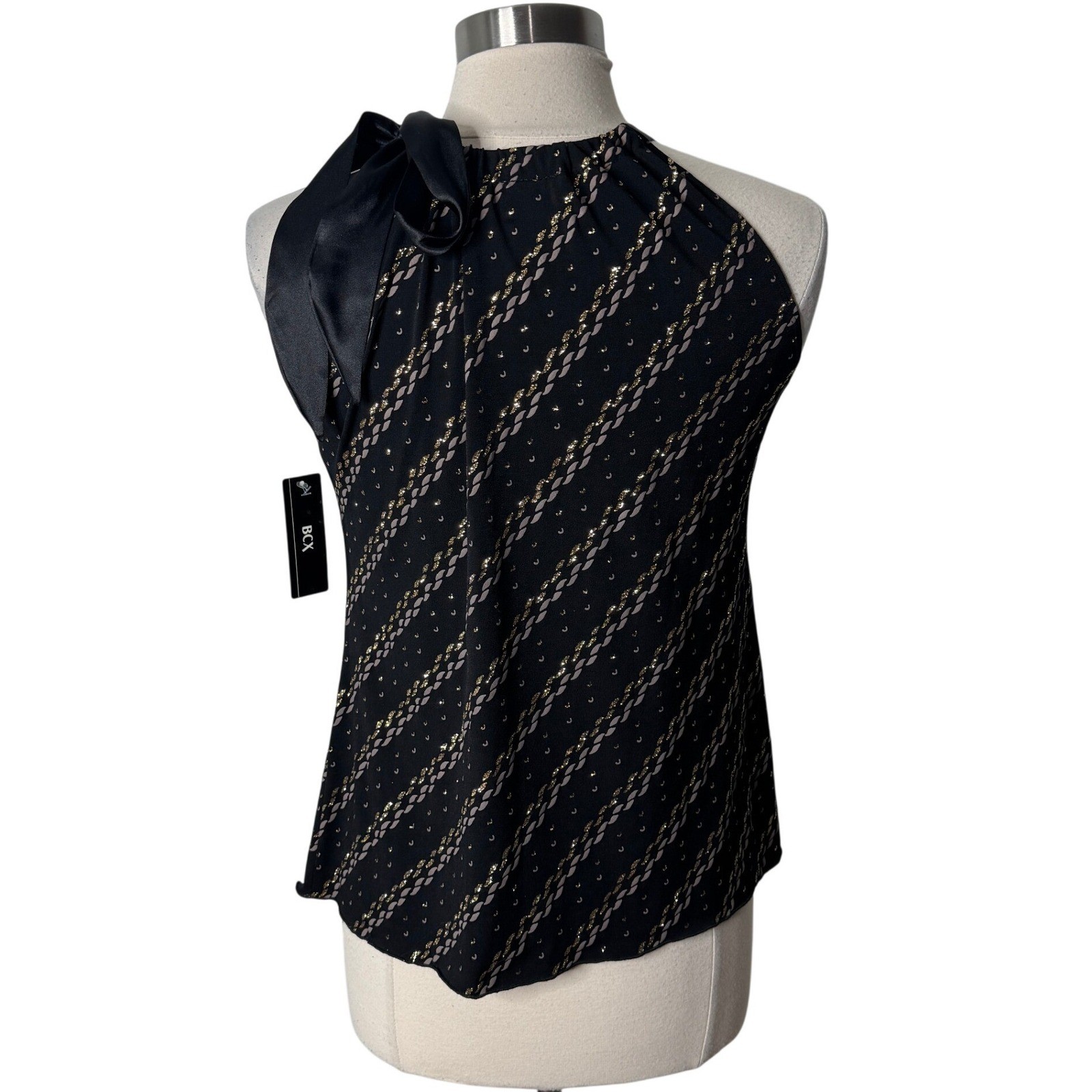 BCX Womens Halter Neck Top Black Gold Glitter Stripe Satin Bow Blouse Medium NEW