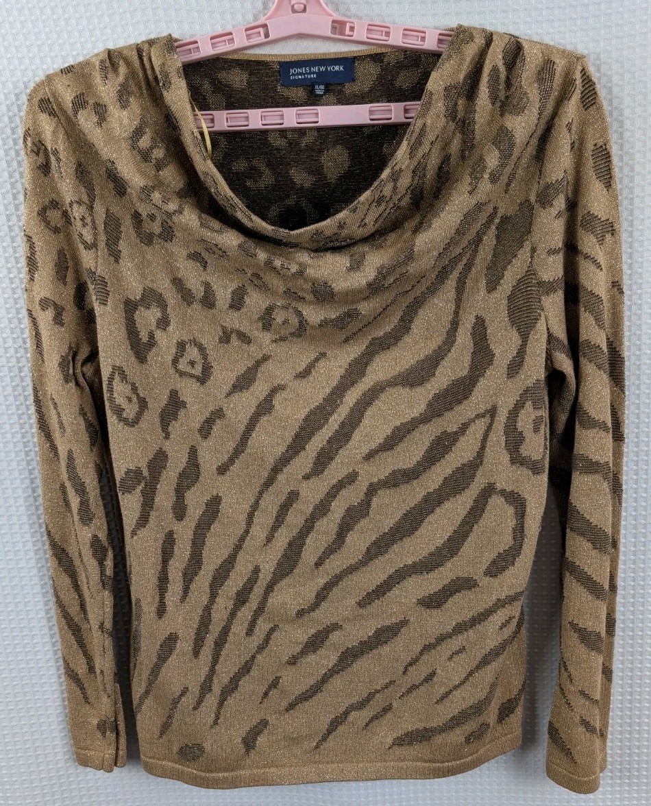 Jones New York Gold Metallic Mixed Animal Print Cowl Neck Long Sleeve Top Sz XL