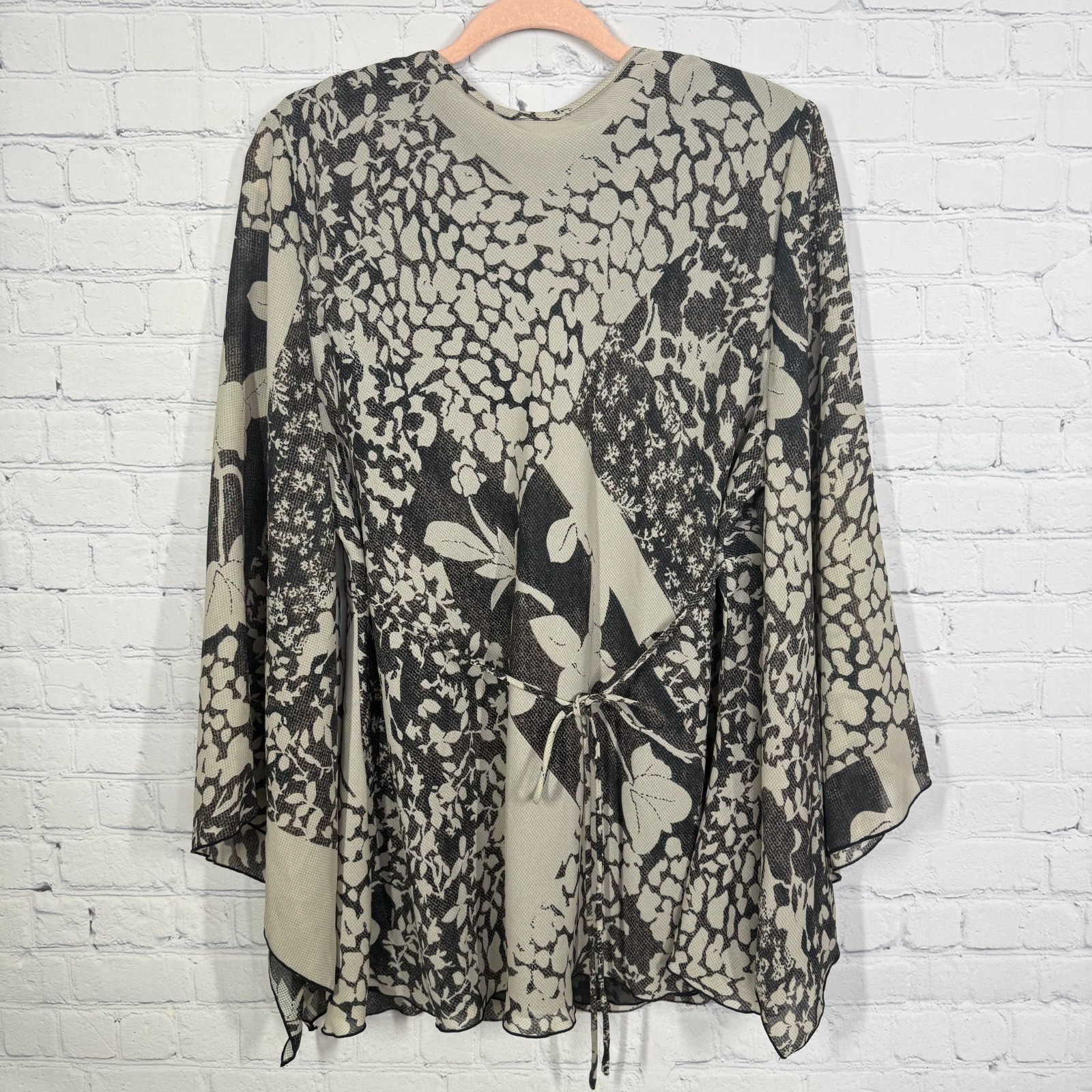 Y2K Romantic Faux Wrap Tunic Women Size 16 Patchwork Sheer Boho Wing Sleeve Top