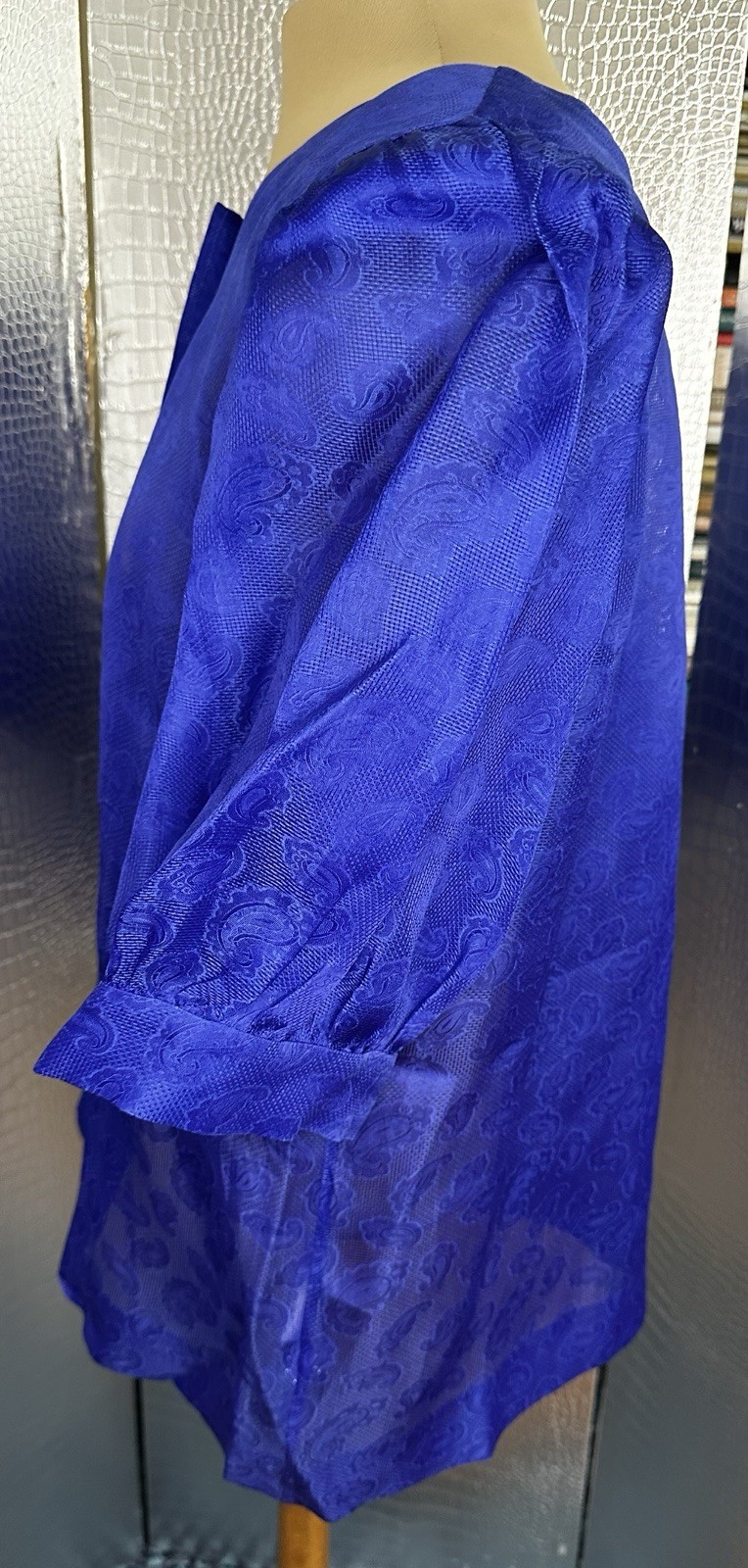 Givenchy Glamour Vintage Royal Blue Paisley Puffed Sleeves Blouse Size 13 Japan