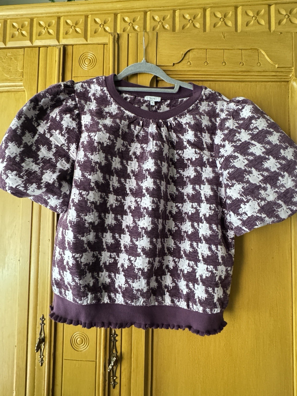 VOY Houndstooth Knit Blouse Purple/White Puff Short Sleeve Round Neck M Avara