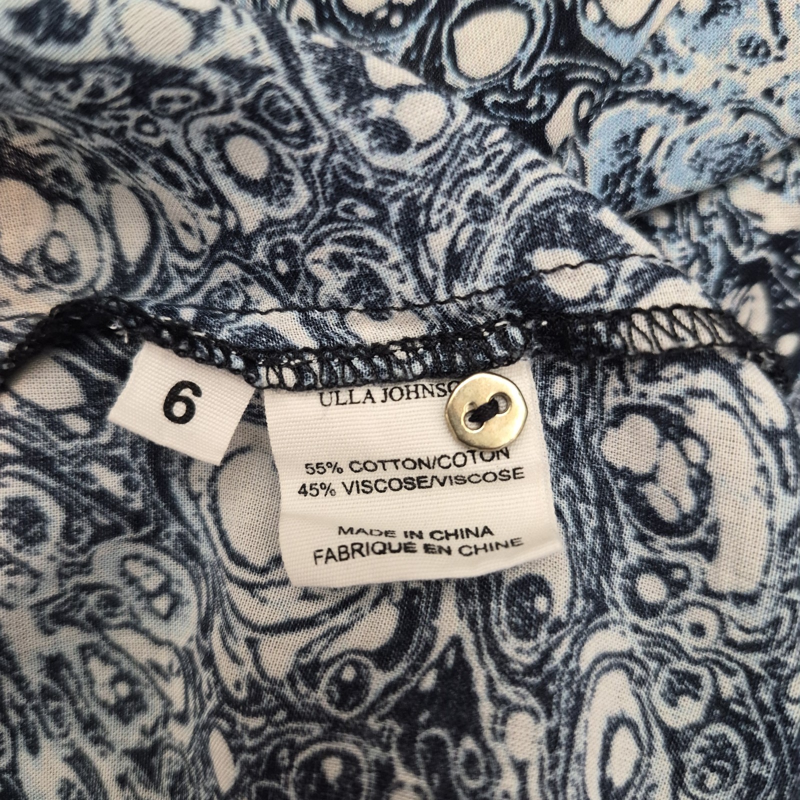 Ulla Johnson Nara Top Patchwork Indigo Blue Cream Print Button Front Size 6