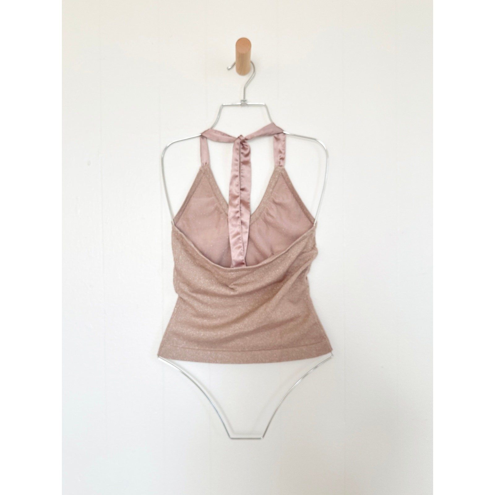 Vtg Y2K Bebe Champagne Gold Metallic Knit Halter Top Holiday Glam Sweater S / M