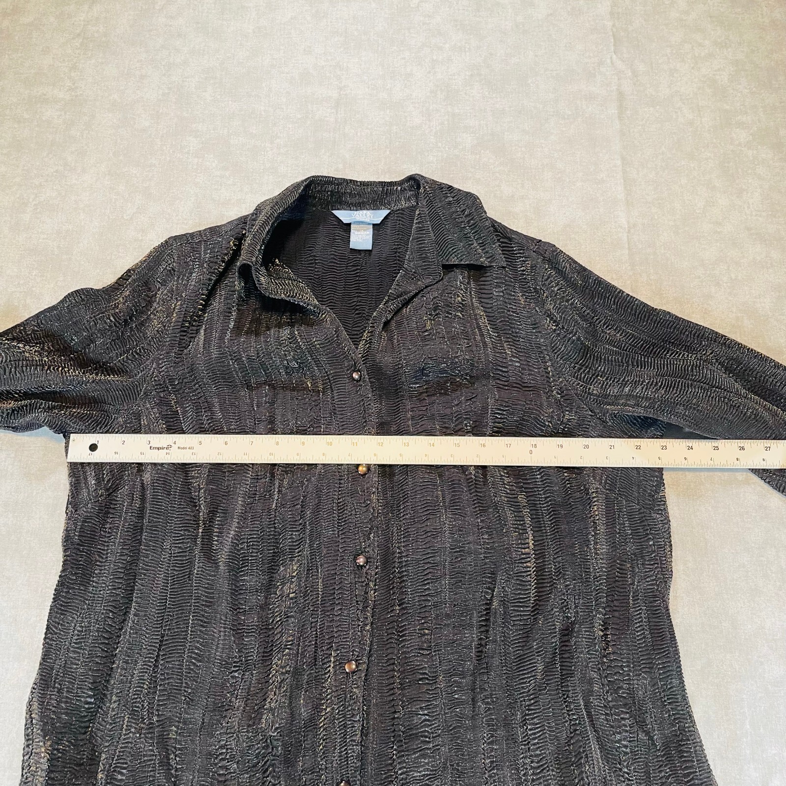 Napa Valley Woman 1X Blouse Shirt Black Metallic Crinkle Textured Button Up