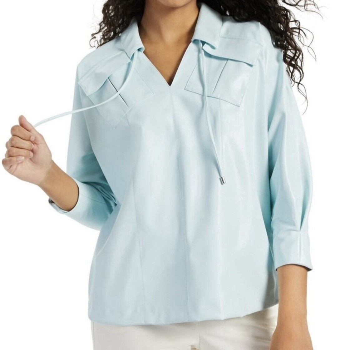 ALFANI Womens Light Blue Pocketed Drawstring Neck Collared 3/4 Sleeve Top Sz M