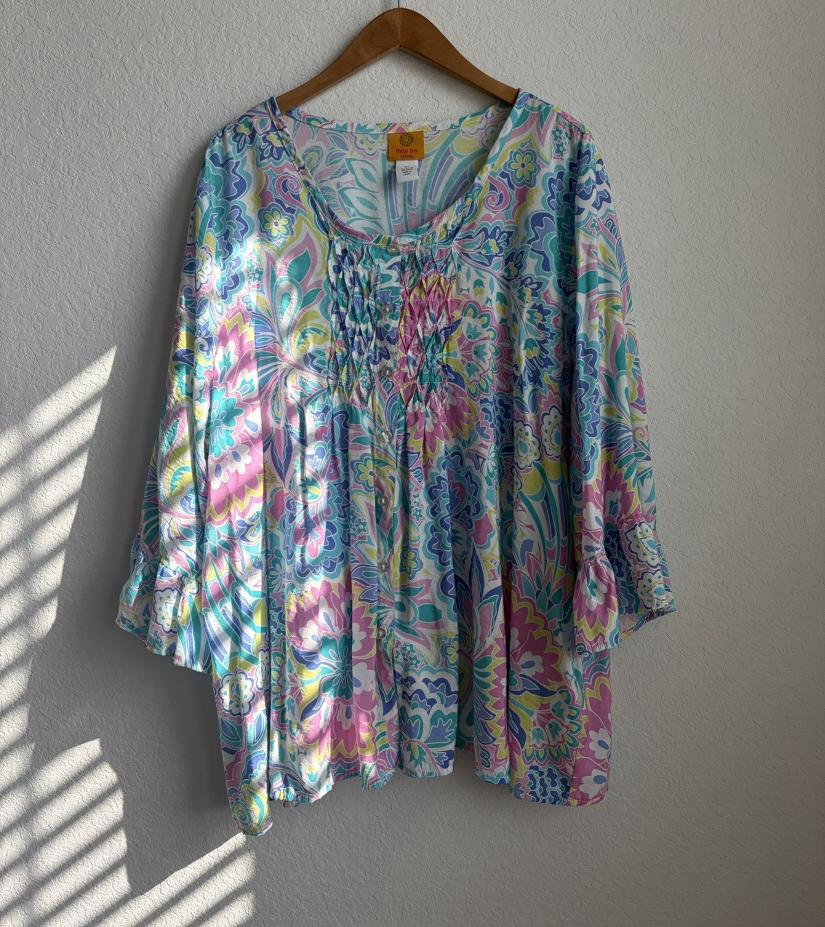 Ruby Rd. Women’s 3X Floral Multicolor Tunic Blouse Scoop Neck 3/4 Sleeve Button