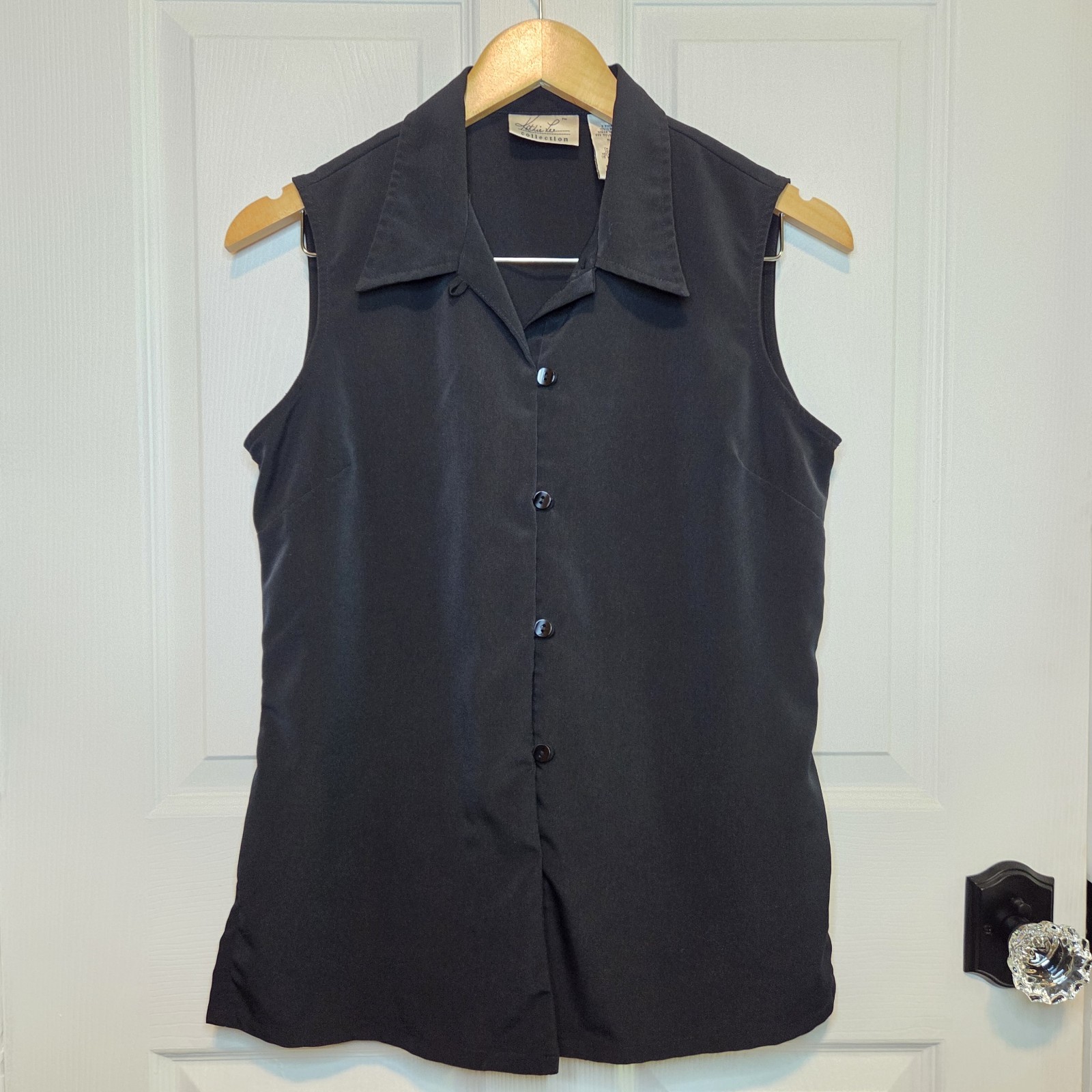 Vtg 90s Black Button Front Sleeveless Top Tie Back Classic City Minimalist S