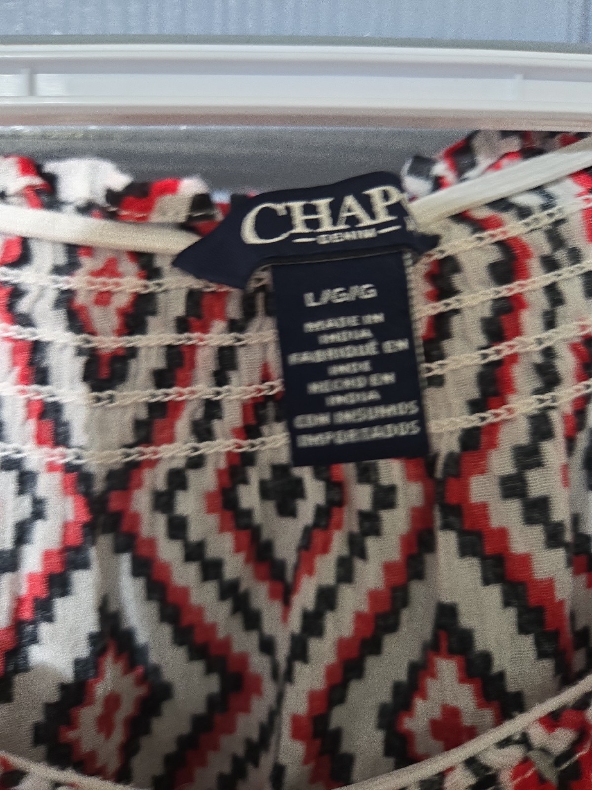 Chaps Top Womens Large Black Red White Short Sleeve Sheer VNeck Blouse Geometric
