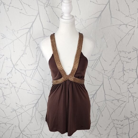 Seduction Brown Metallic Gold Woven Halter Y2K Babydoll Tank | Women’s S