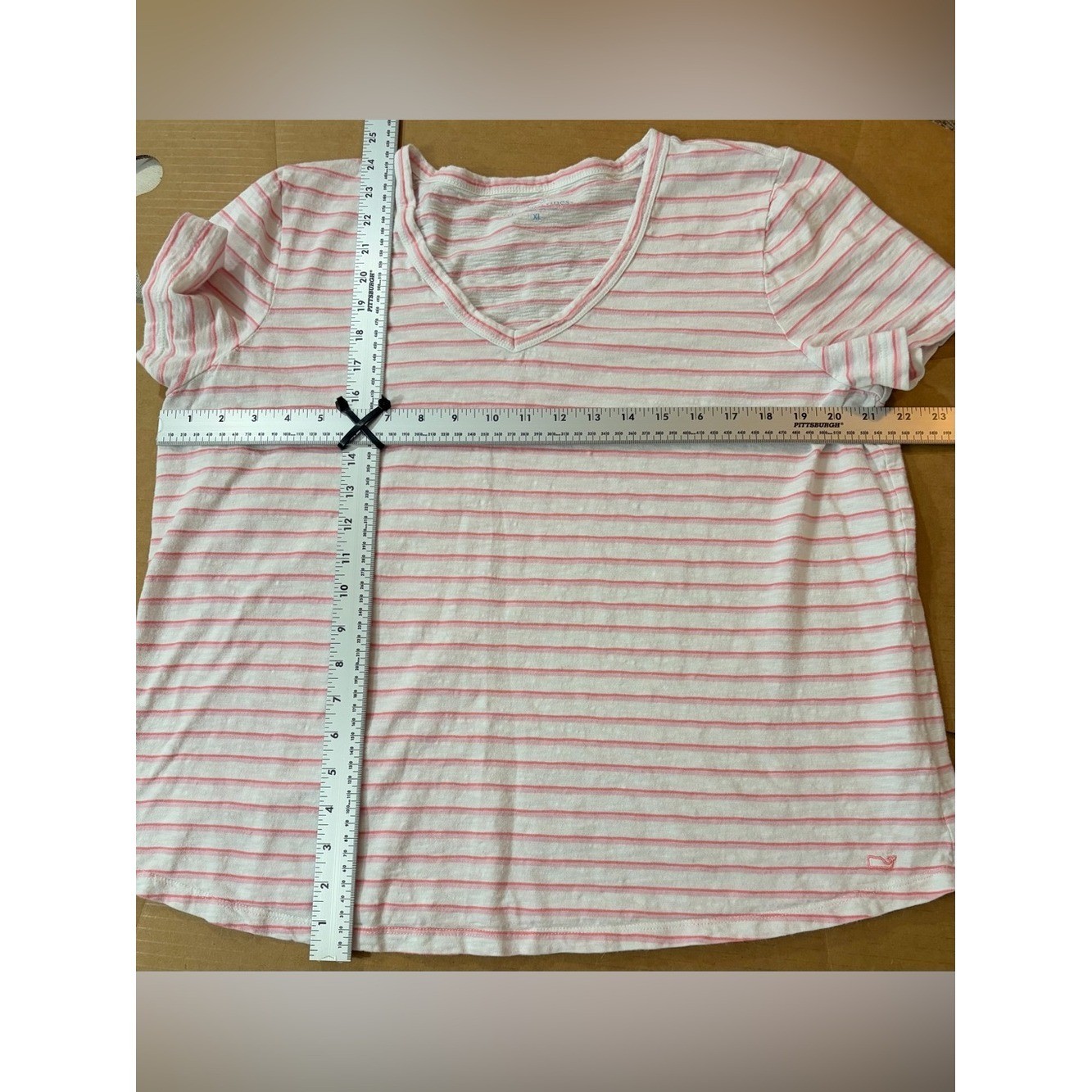Vineyard Vines White and Pink Striped V-Neck Short Sleeve Tee