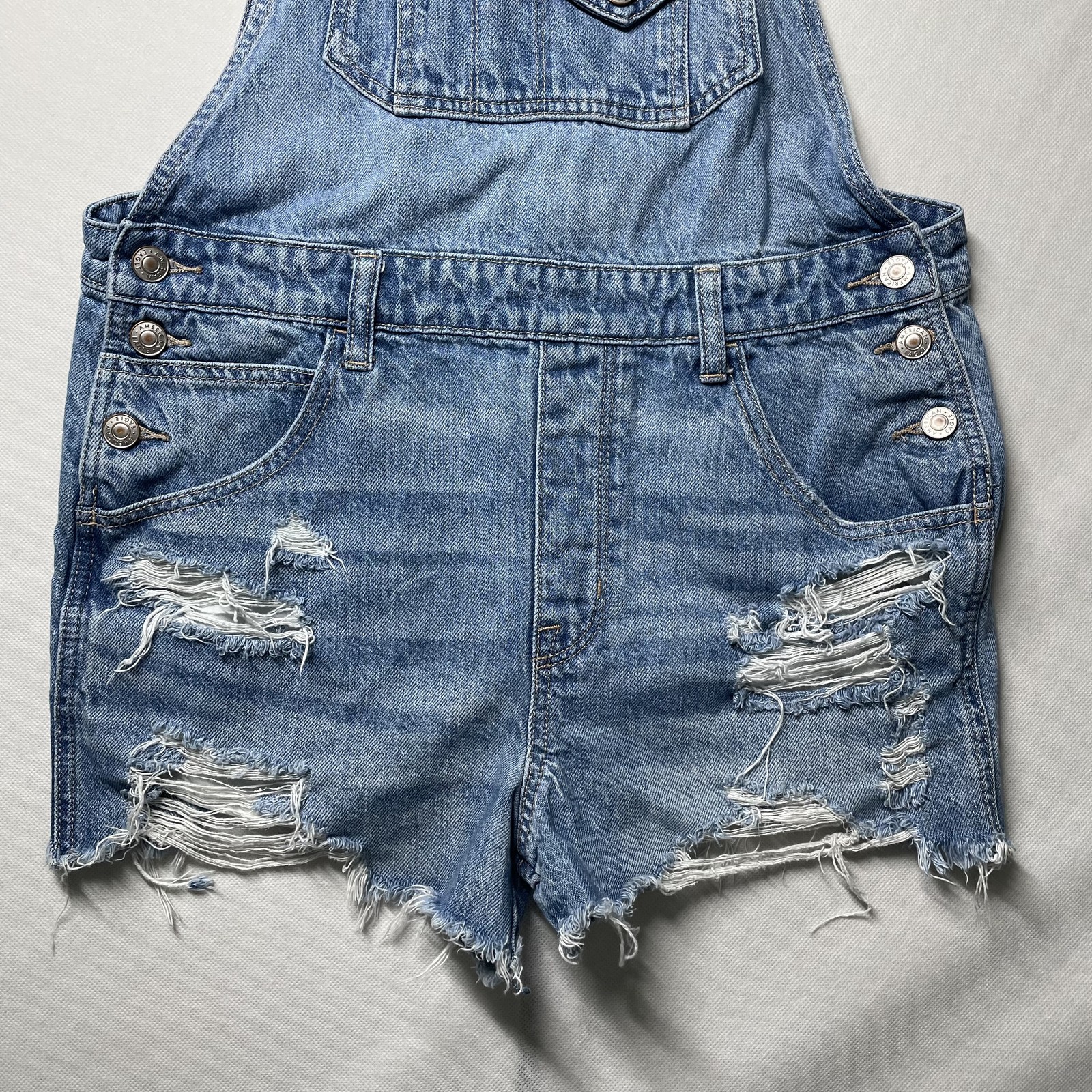 American Eagle Denim Shortall Distressed Frayed Hem Blue Women’s Size M -C
