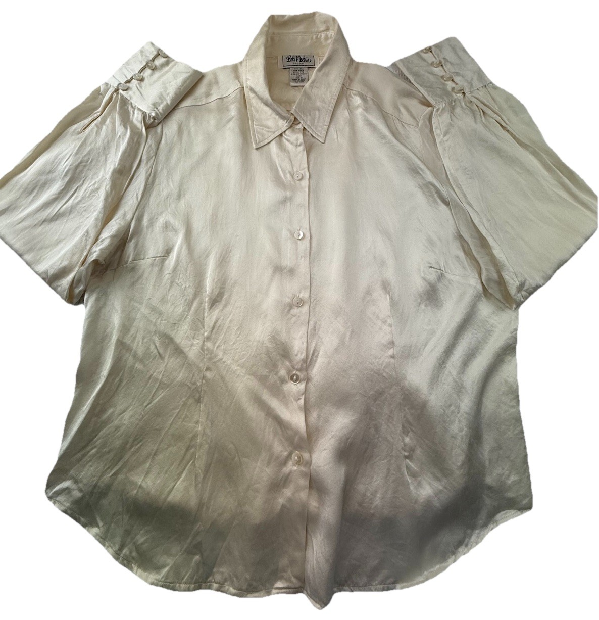 Bob Mackey 100% silk long sleeve collared button up blouse ivory cream women’s L
