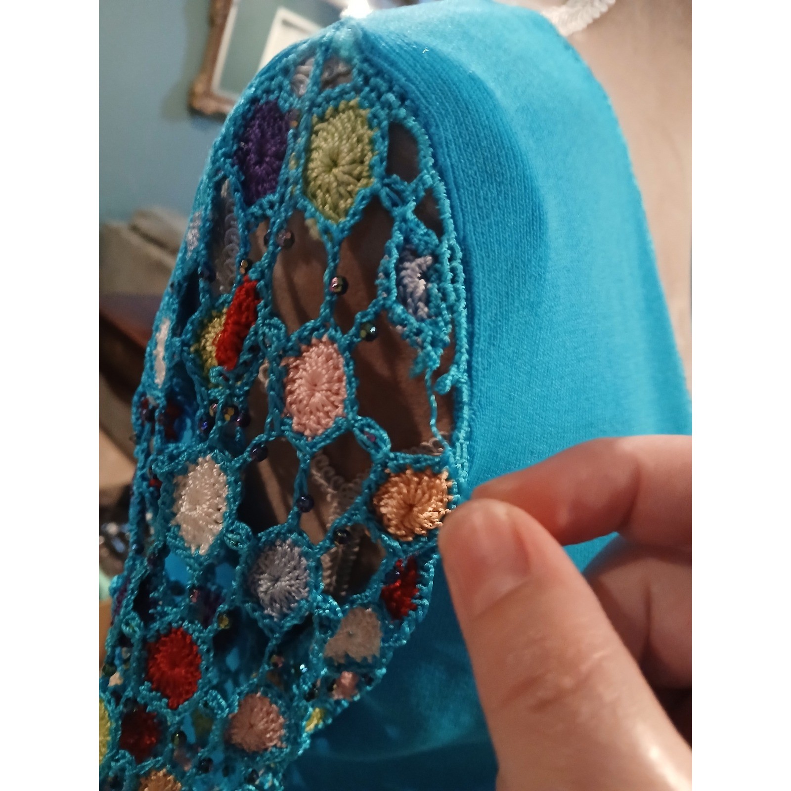 Vtg Joseph A Funky Crochet Sleeve V-Neck Knit Top Beaded Boho Blue Small Blue