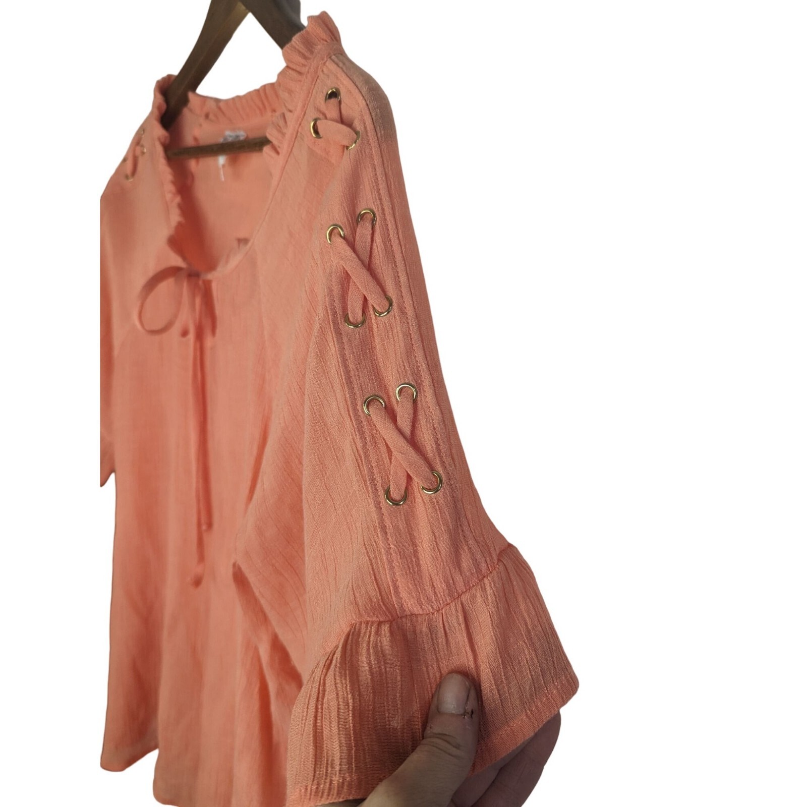 Late August Top Women’s Gauzy Semi Sheer Orange Boho Sleeve Tie Keyhole Sz L