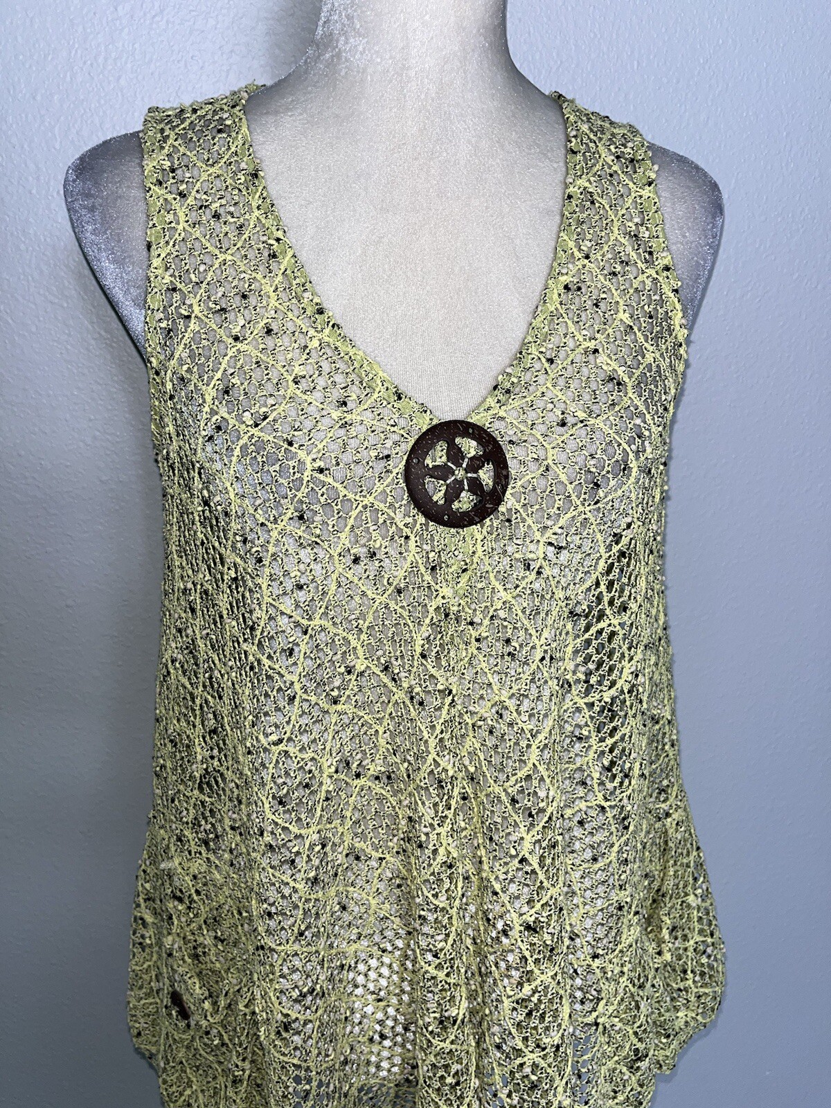 Adore Open Crochet Knit Sleeveless Lagenlook Artsy Tunic Top Blouse y2k Yellow S