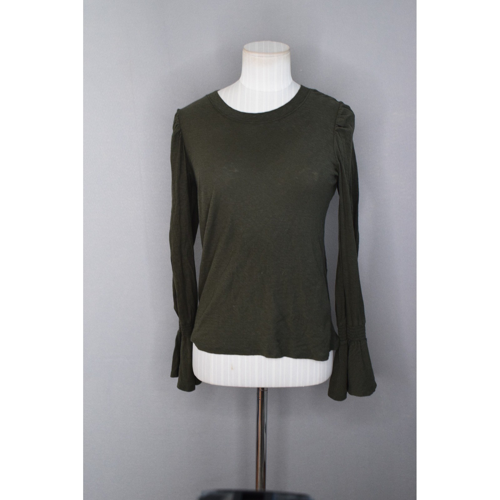 Nation LTD Penny Flounce Small Green Long Sleeve Top Ruffle Pima Cotton