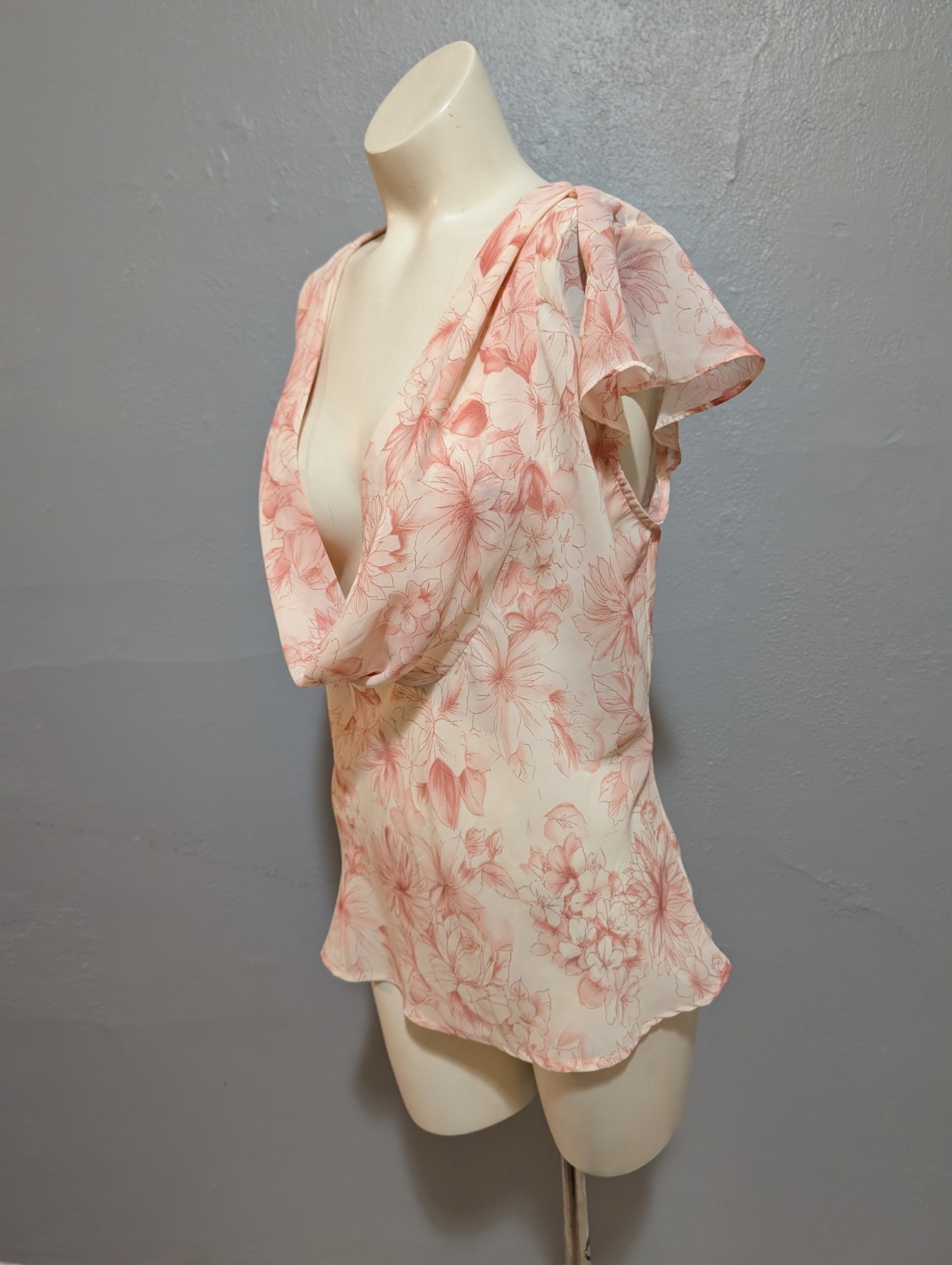Vintage Cottage Core Top L Flower Print Pink White Deep Scoop Neck Flutter Fairy