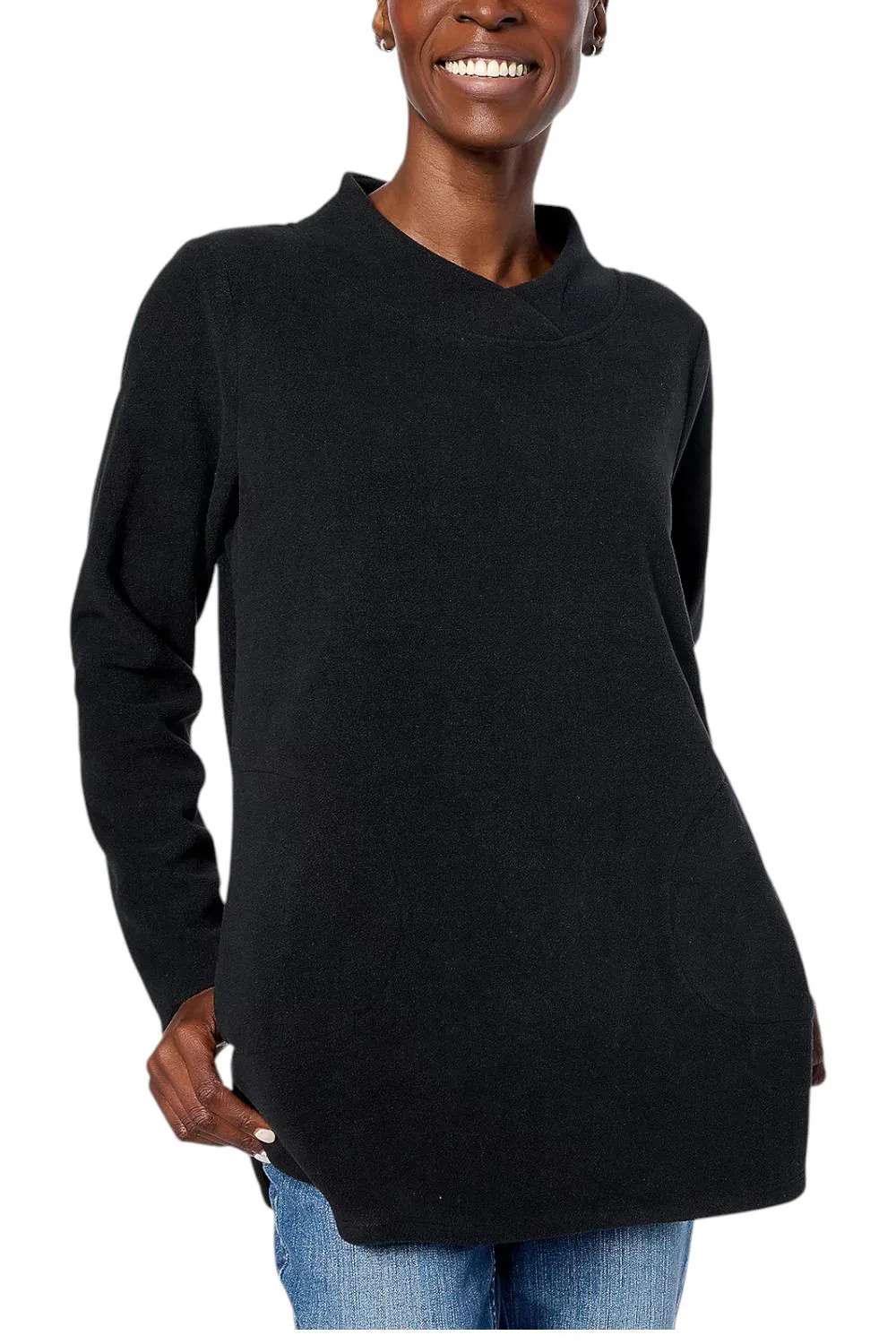 Denim & Co. Women’s Fleece Crssovr Long Slv Tunic w/ Dolphin Hem Black