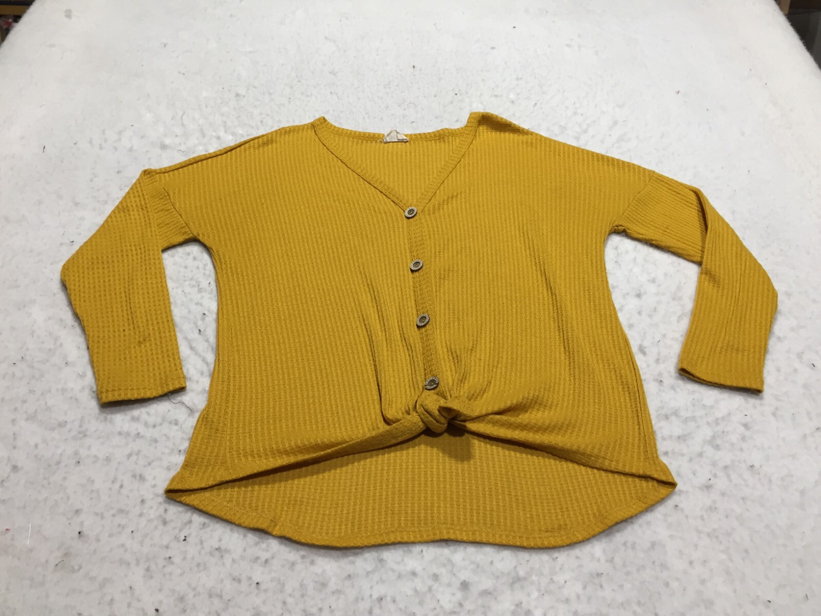 BIBI Blouse Womens S Small Mustard Long Sleeve Crew Neck Button Tie Thermal