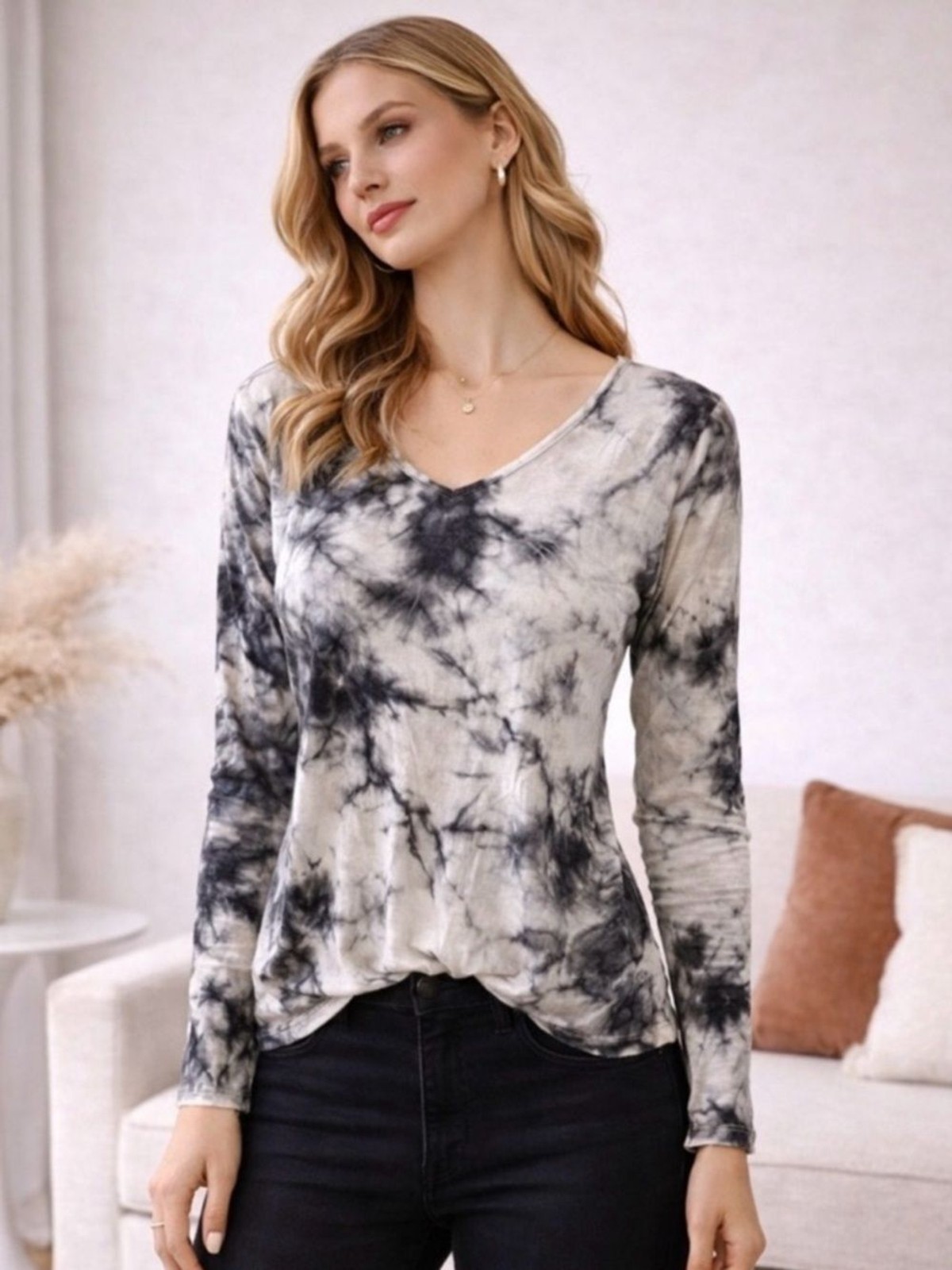 PANIZ Black & Cream Tie-Dye Long Sleeve Top – Size S