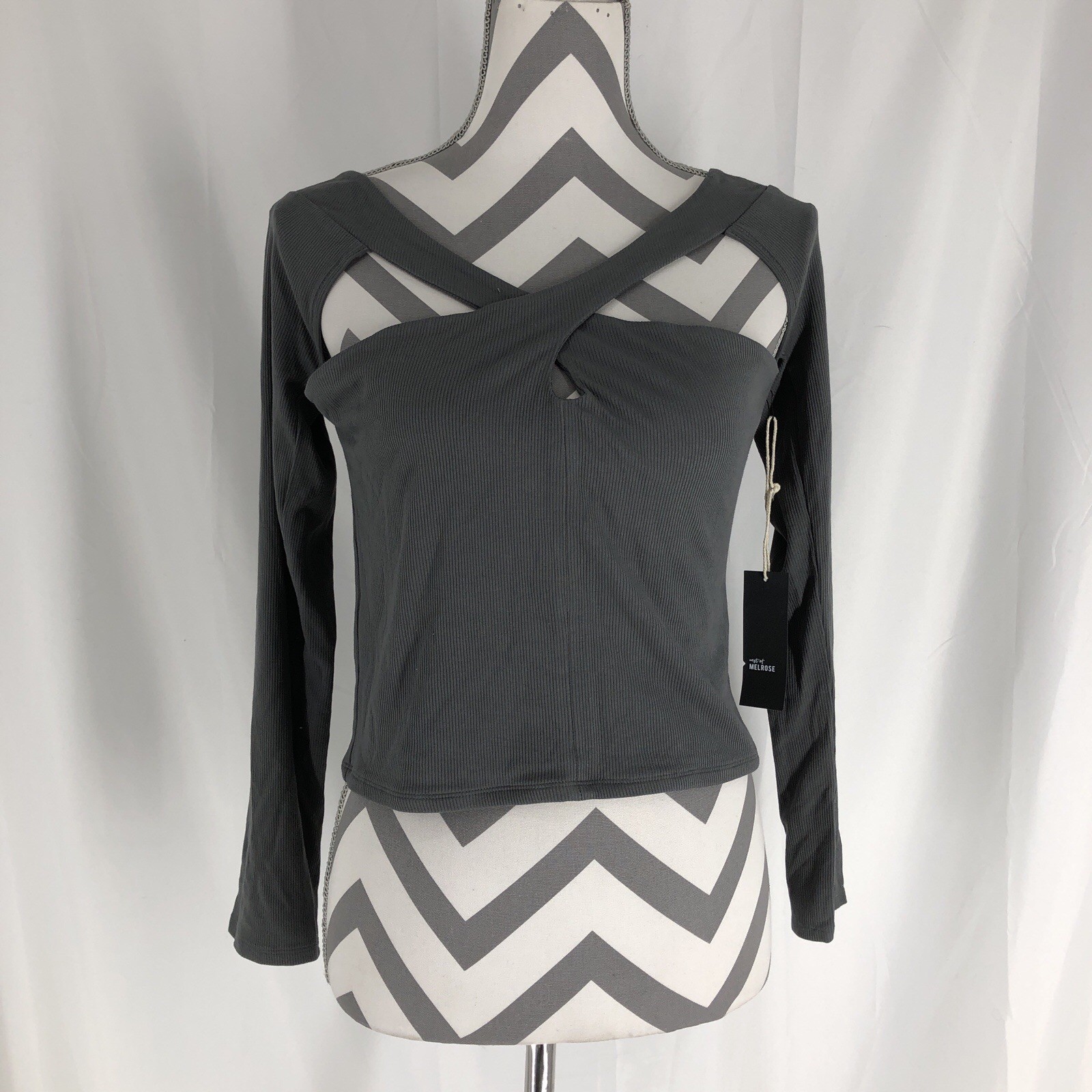 NWT West Of Melrose Cross Strap Black Ribbed Long Sleeve Women’s Top Size Large